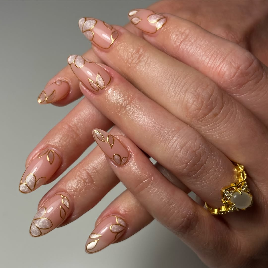 Golden Blossom Sheer Almond Nails