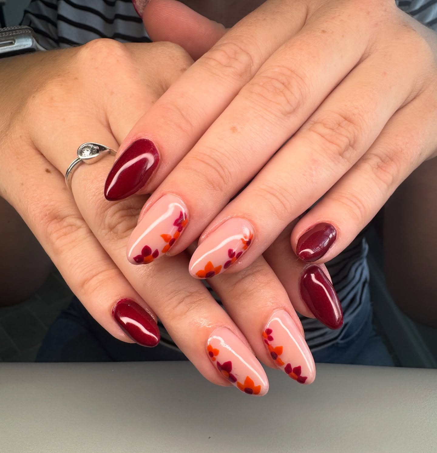 Burgundy Floral Almond Nails With Milky Base