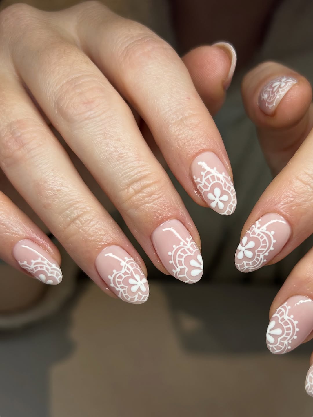 Delicate White Lace Almond Nails