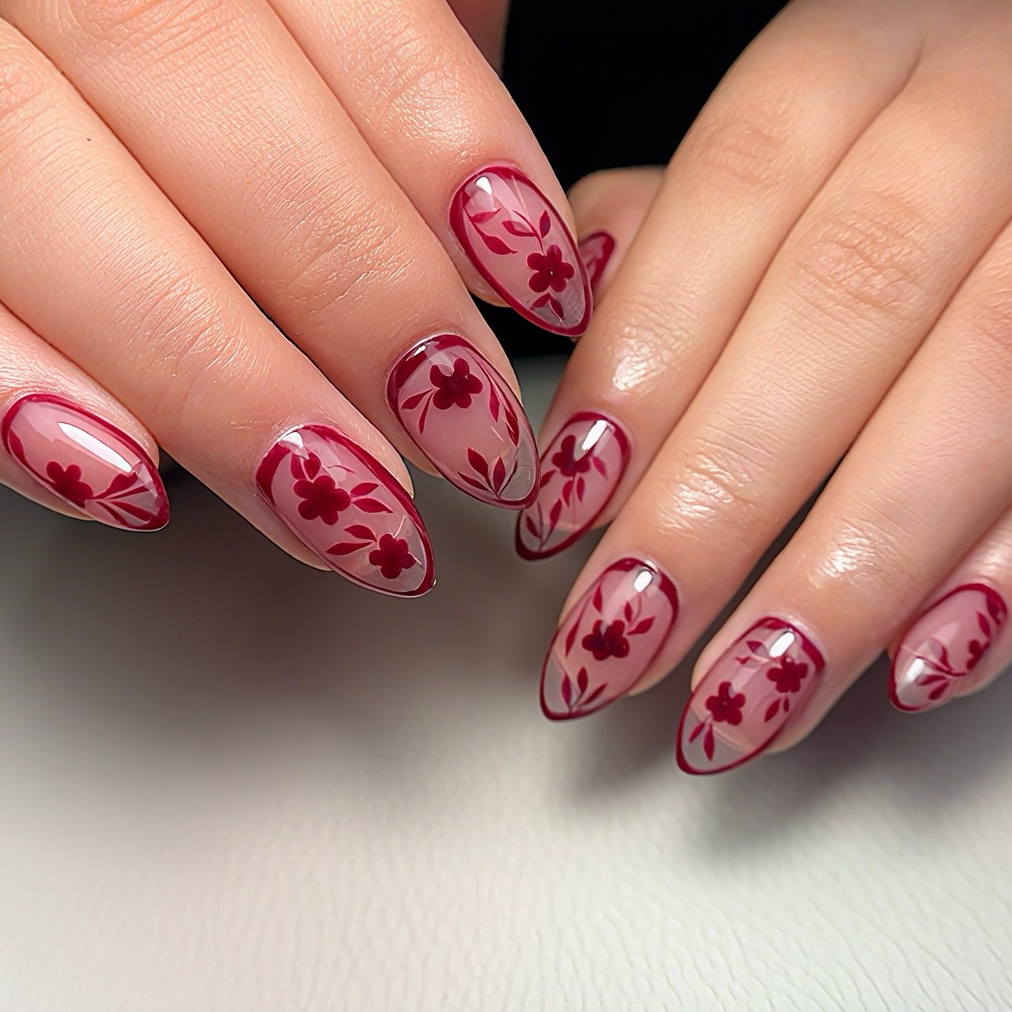 Deep Burgundy Floral Oval Almond Nails