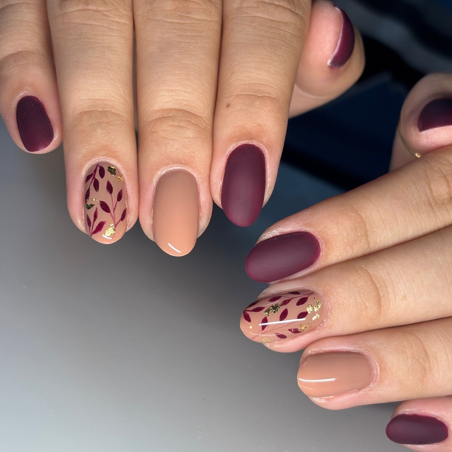Matte Burgundy & Nude Leaf Accent Nails