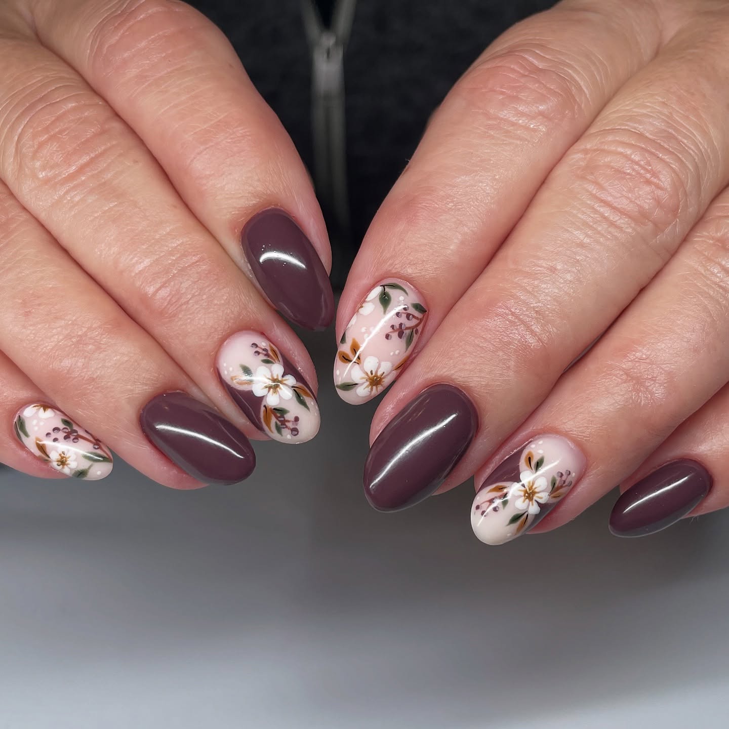 Muted Floral Accent Almond Nails