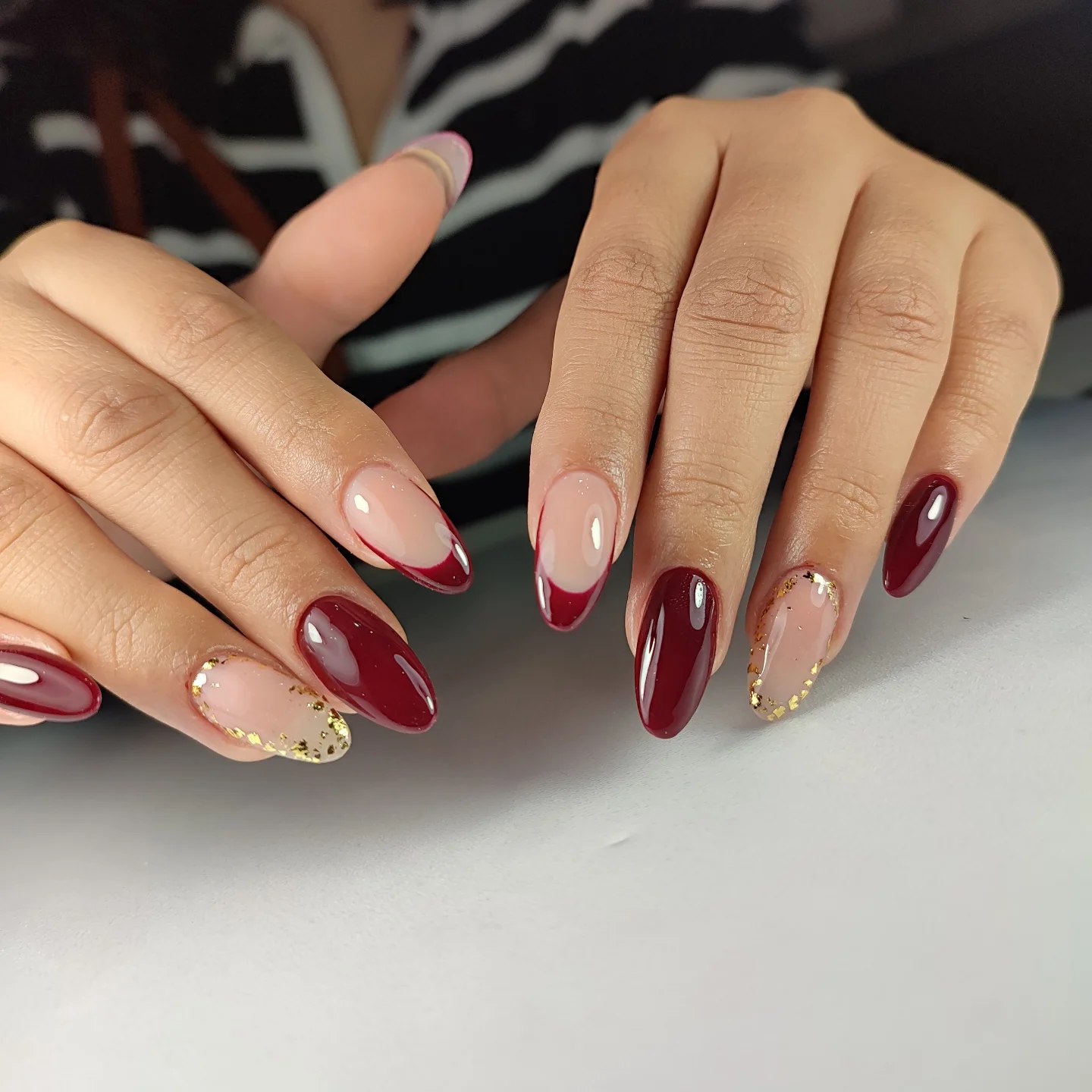 Deep Burgundy French Tip with Gold Flake Accent