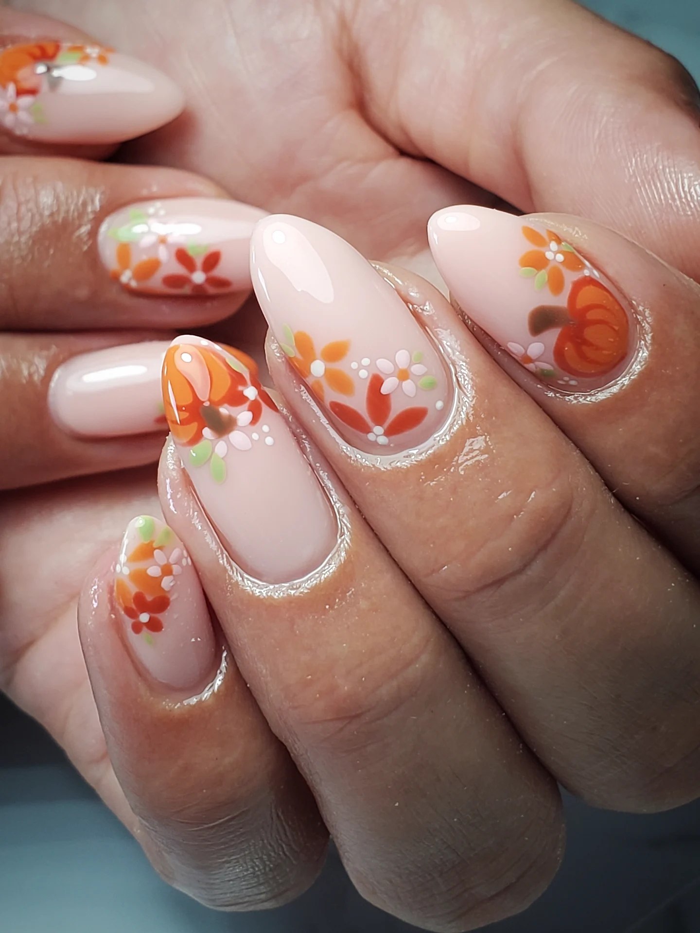 Autumn Pumpkin Patch Floral Almond Nails