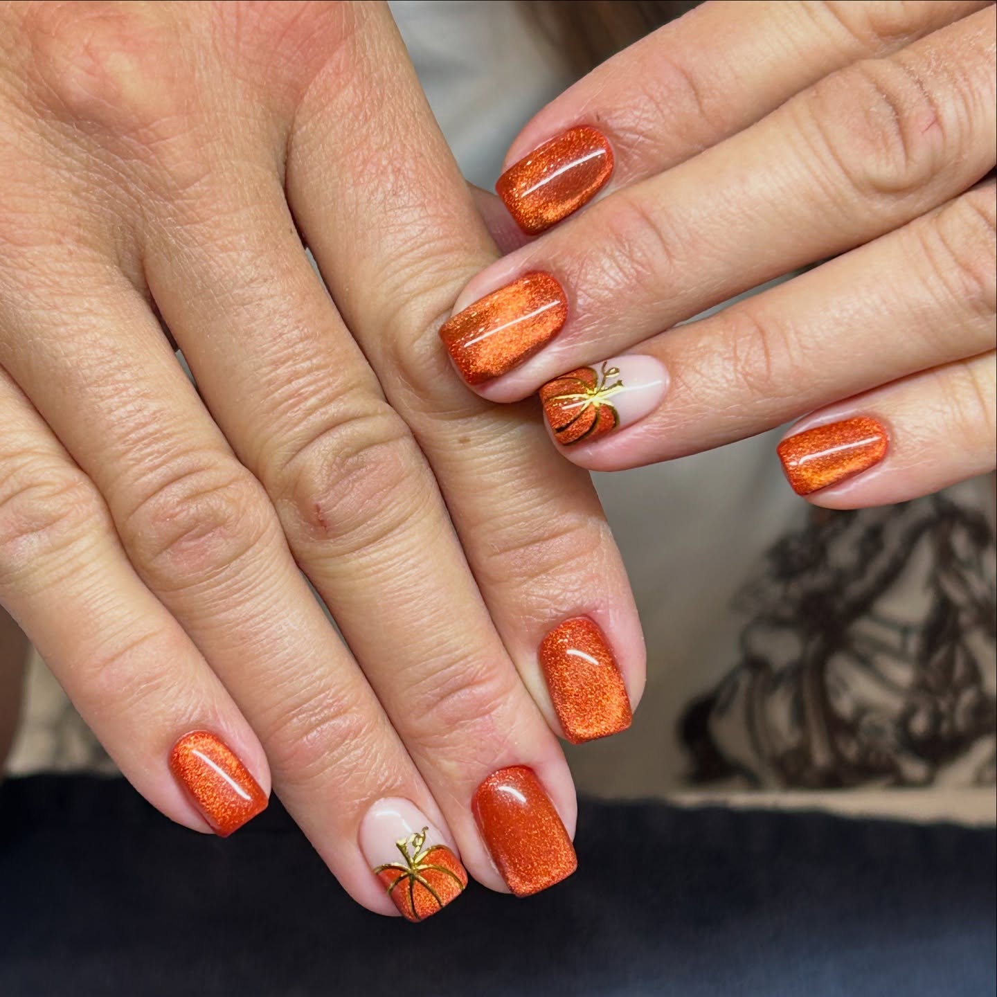 Sparkly Pumpkin French Tip Fall Nails