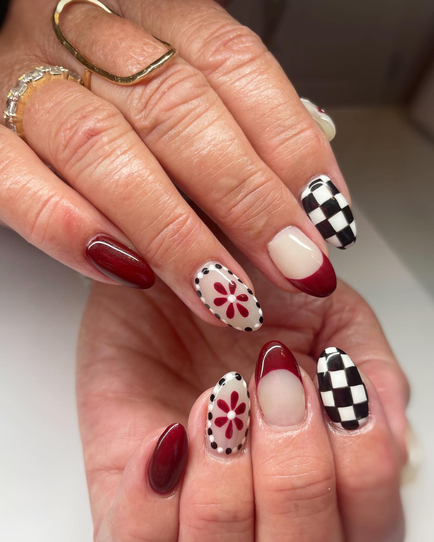 Dark Cherry Red Almond Mixed Media Nails