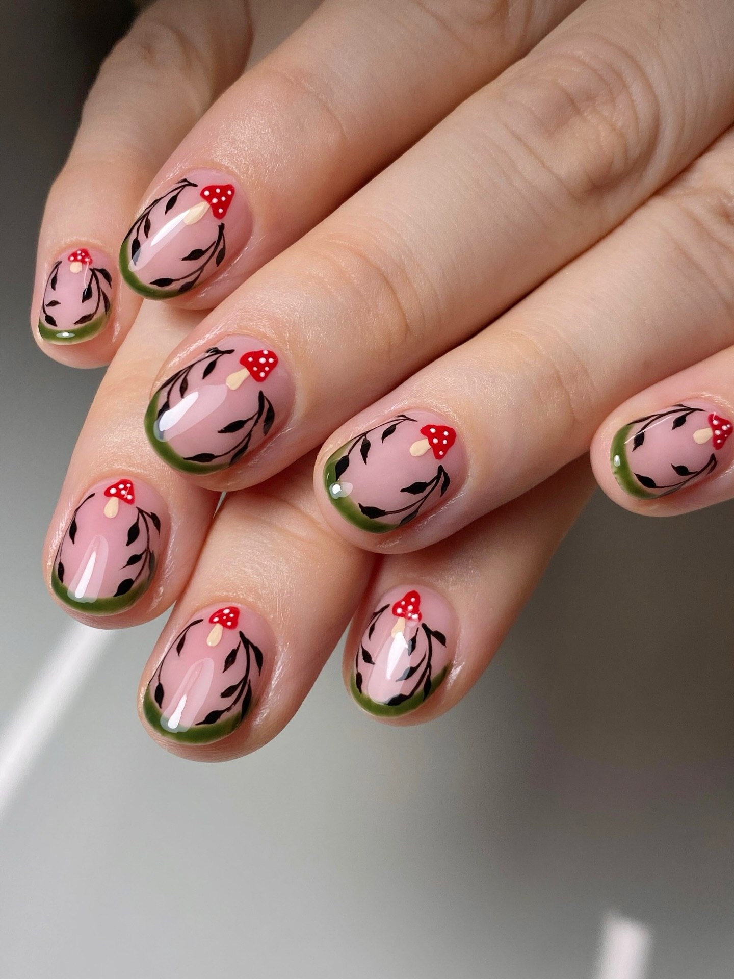 Enchanted Forest Mushroom French Tip Nails