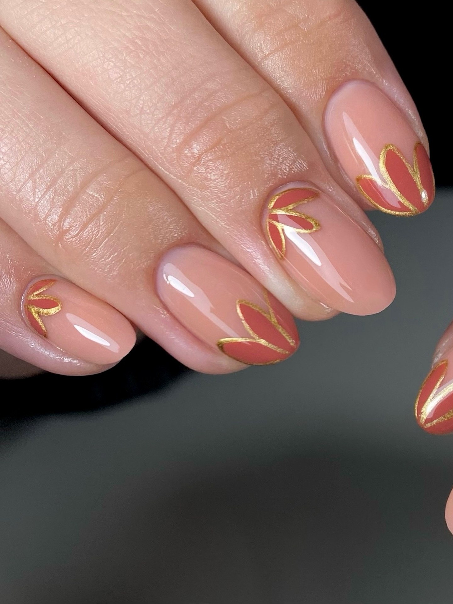 Terracotta Floral Outline Almond Nails