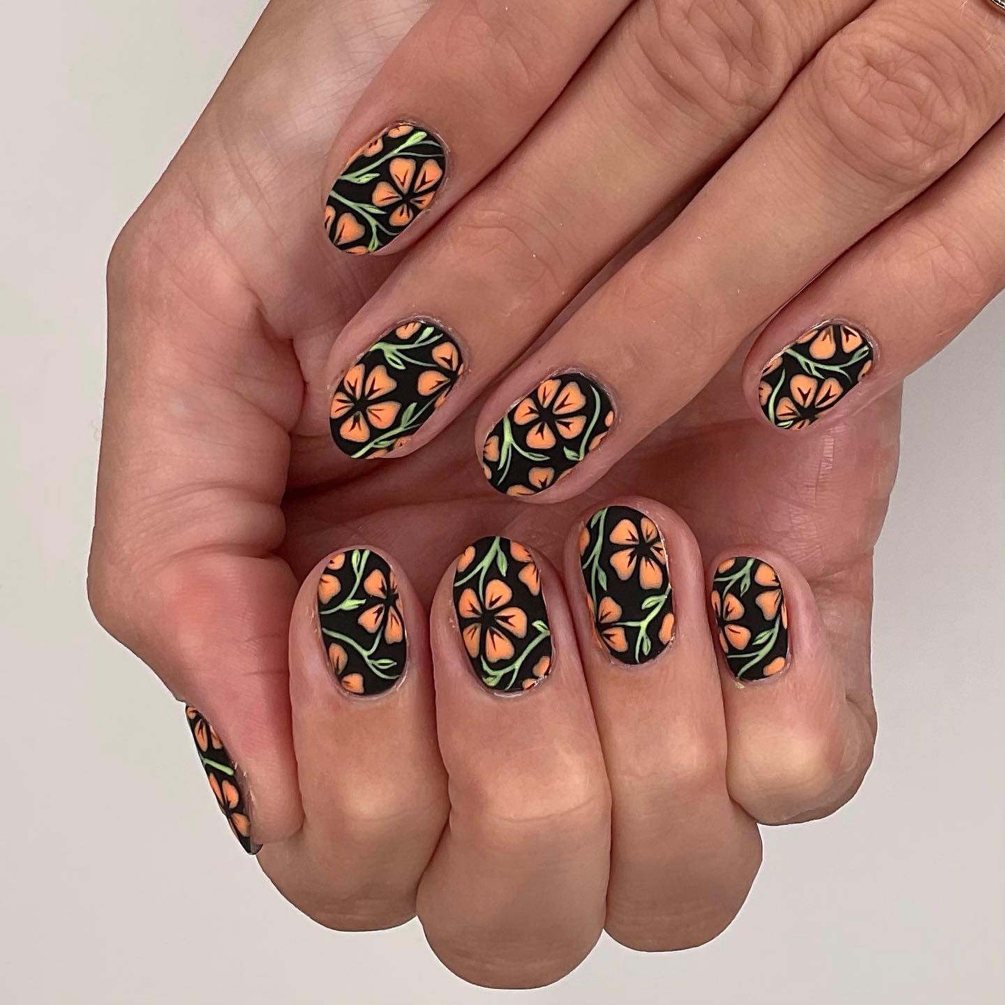 Matte Black Floral Press On Nails