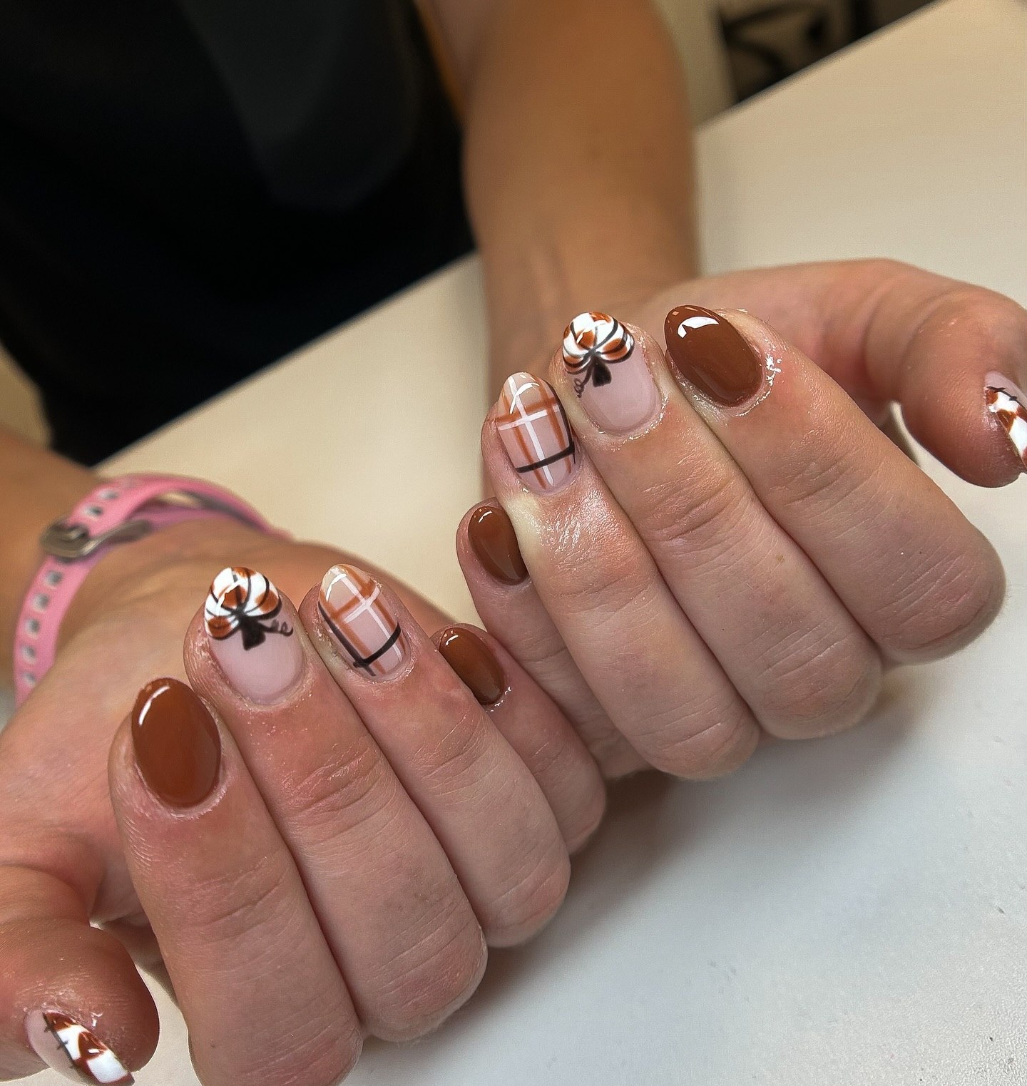 Cozy Plaid and Bow Almond Nails