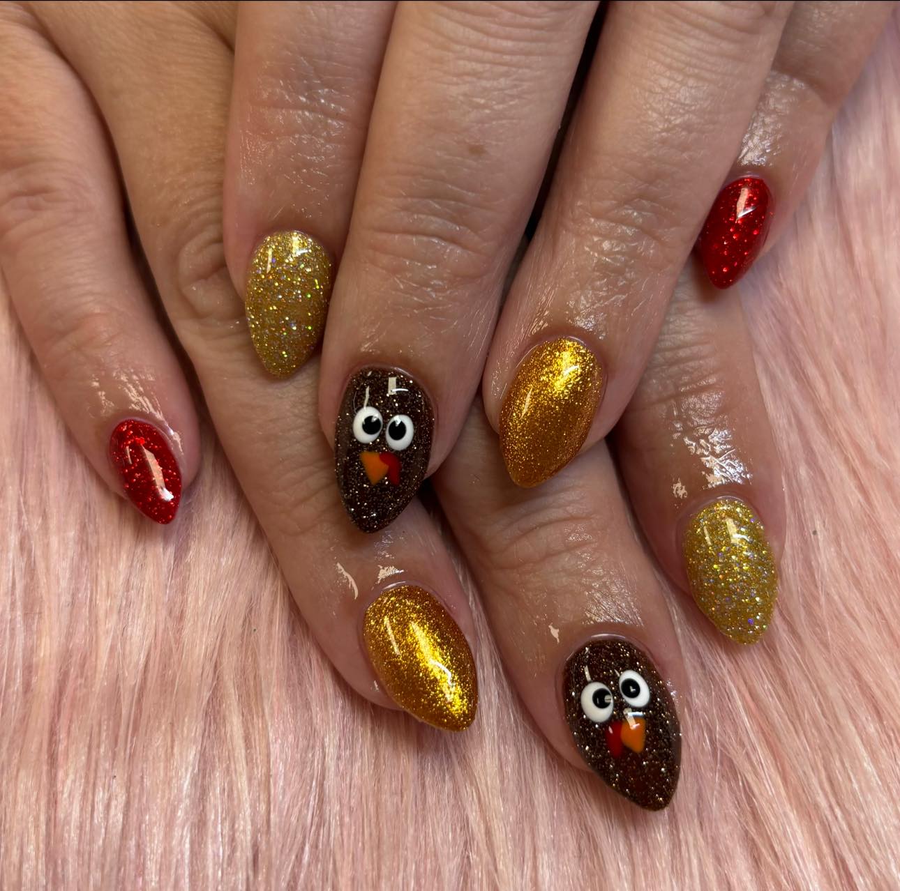 Sparkling Turkey Face And Red Glitter Almond Nails