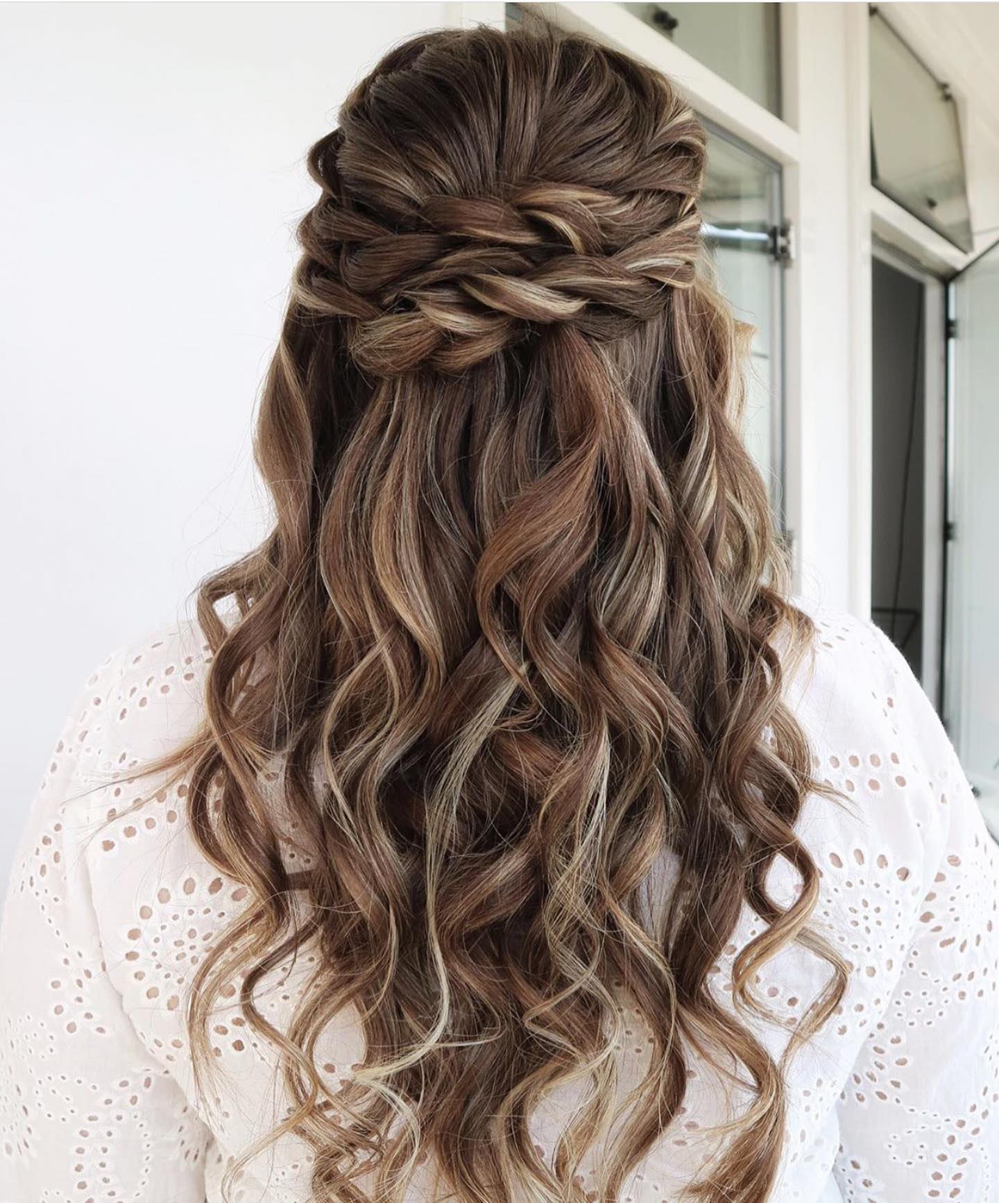 Braided Crown Half-Up Waves For Effortless Charm