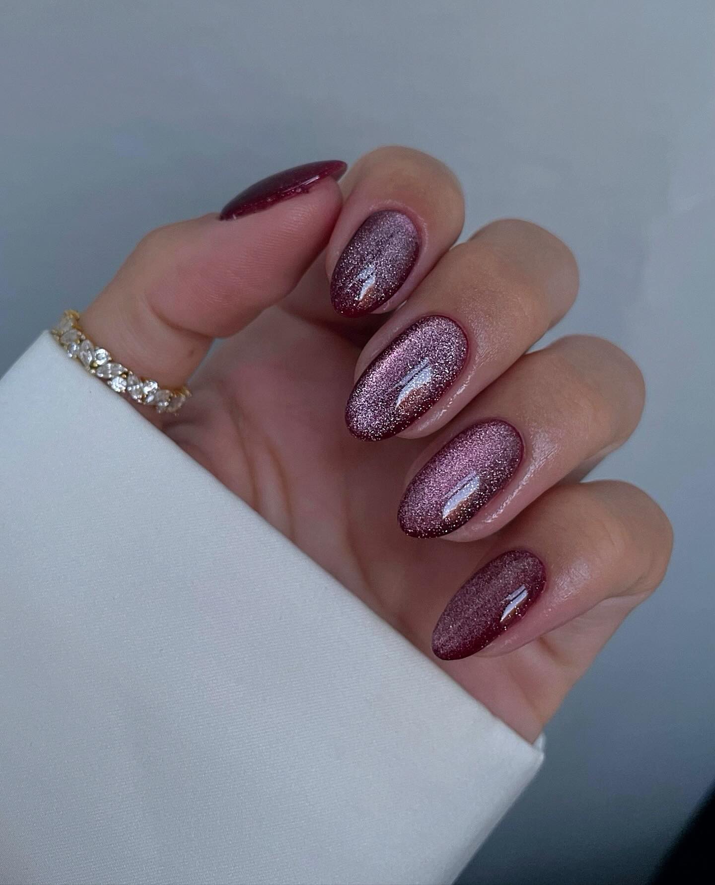 Burgundy Cat Eye Oval Nails