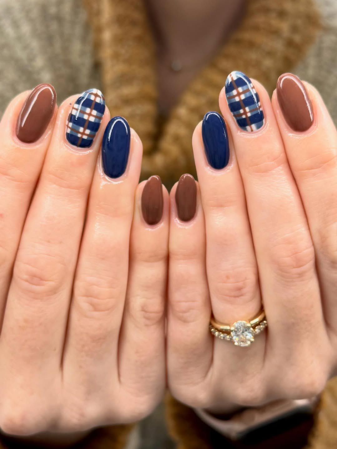 Cozy Plaid and Chocolate Brown Oval Nails