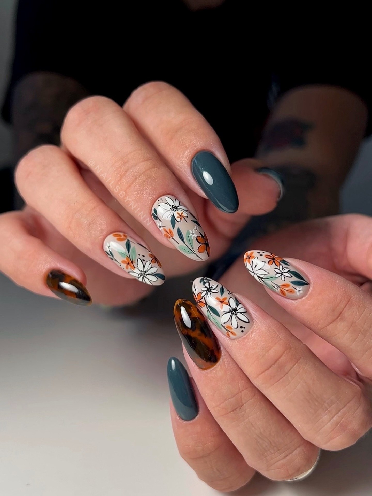 Fall Floral Tortoiseshell Almond Nails