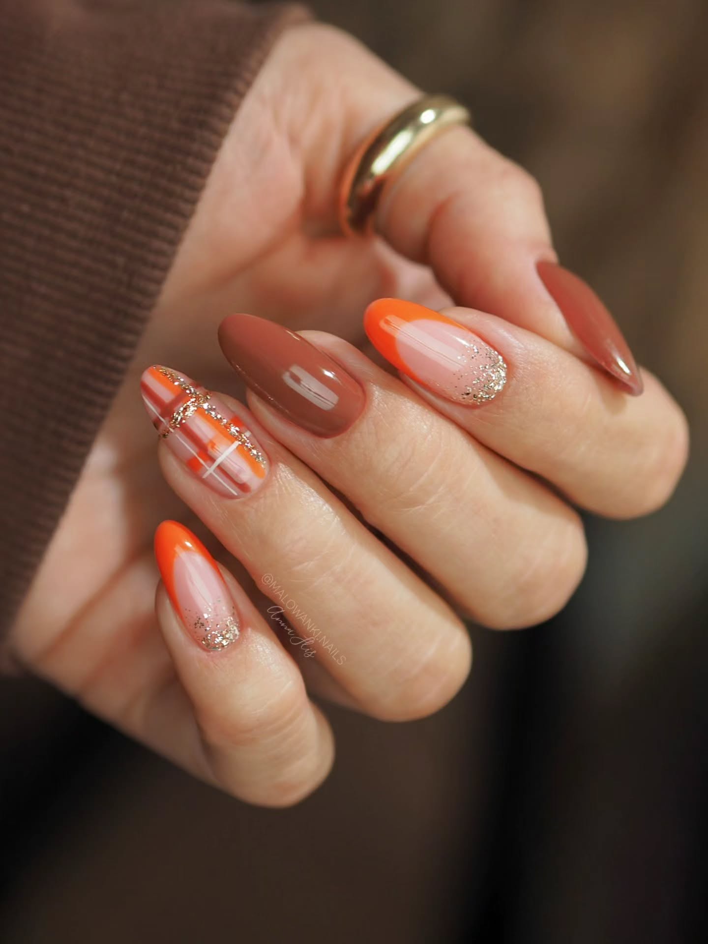 Autumn Plaid French Tip Almond Nails