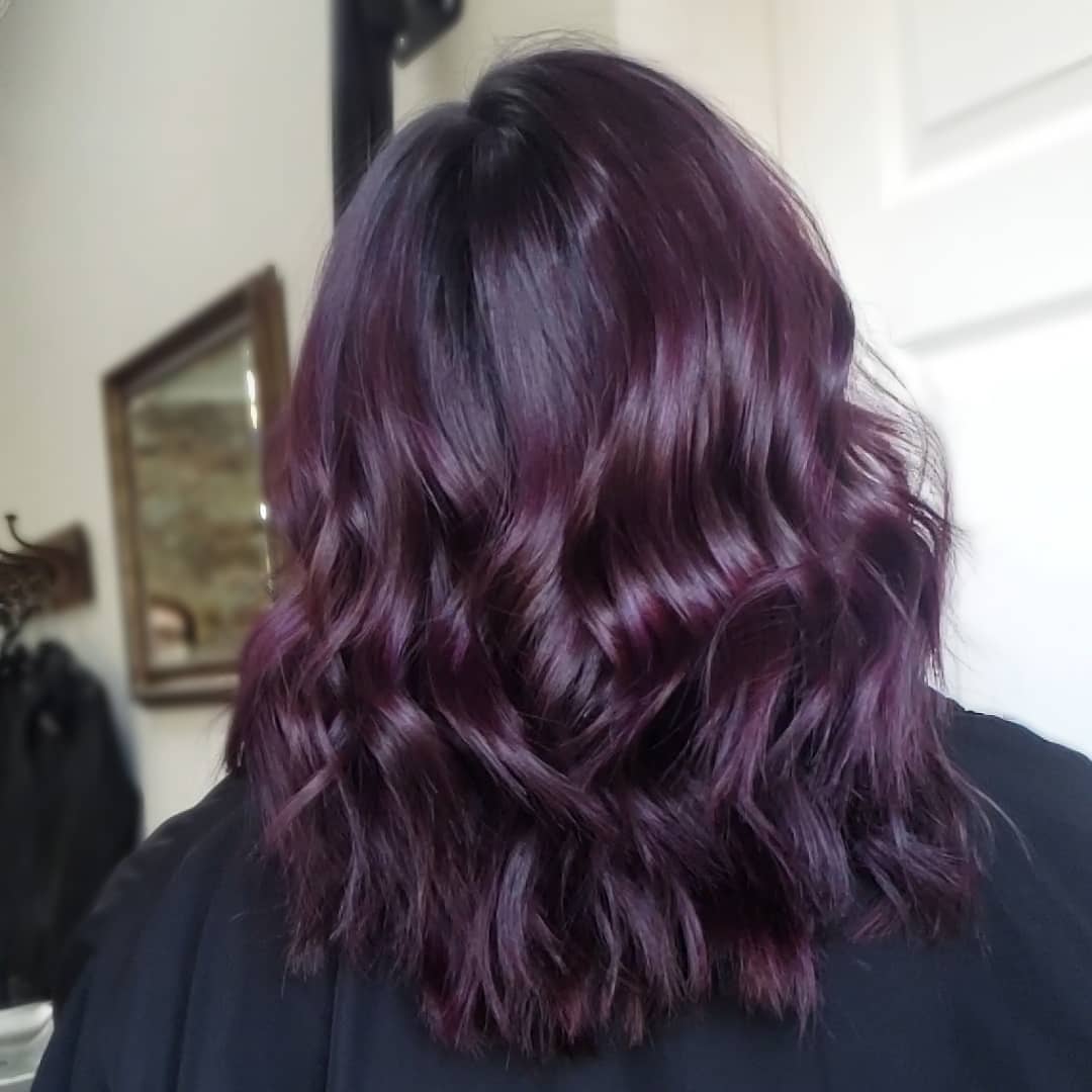 Deep Plum Wavy Lob With Subtle Shine