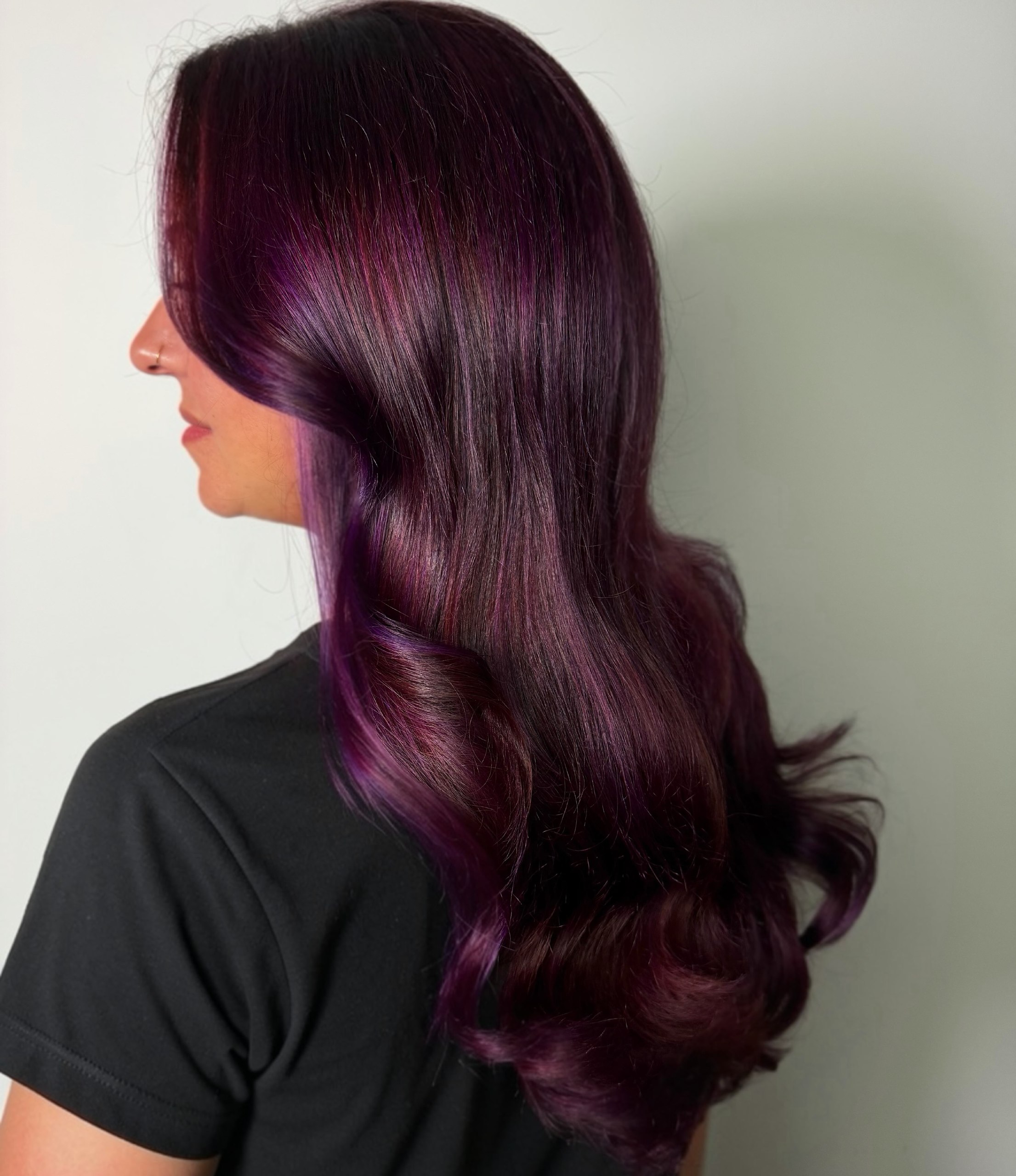Deep Plum Balayage With Loose Waves