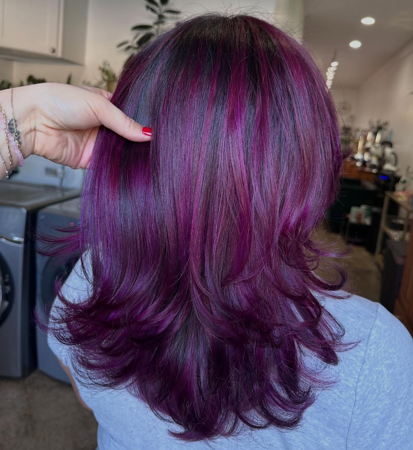 Vibrant Plum Balayage With Feathered Layers