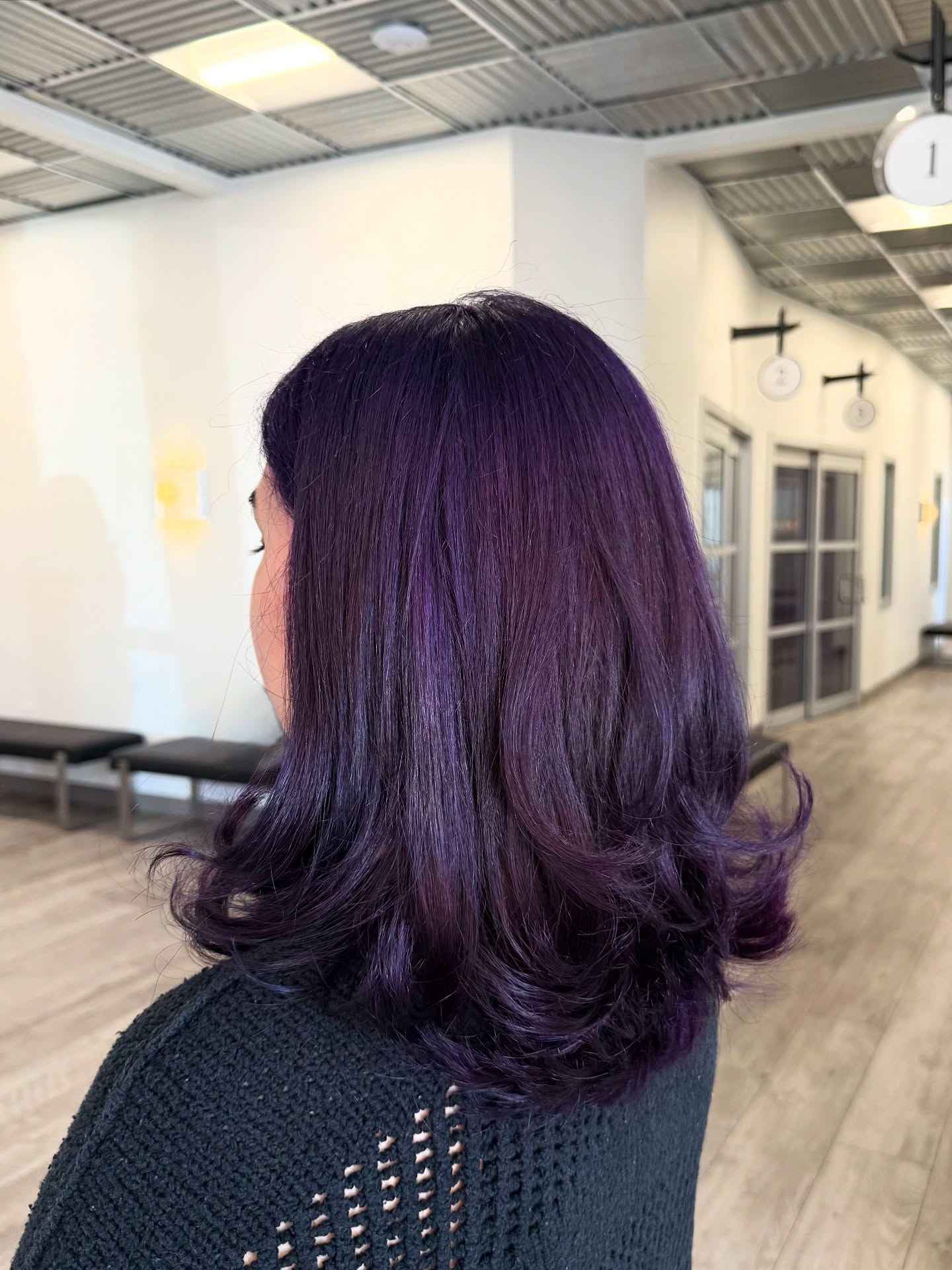 Deep Plum Layered Lob With Soft Waves