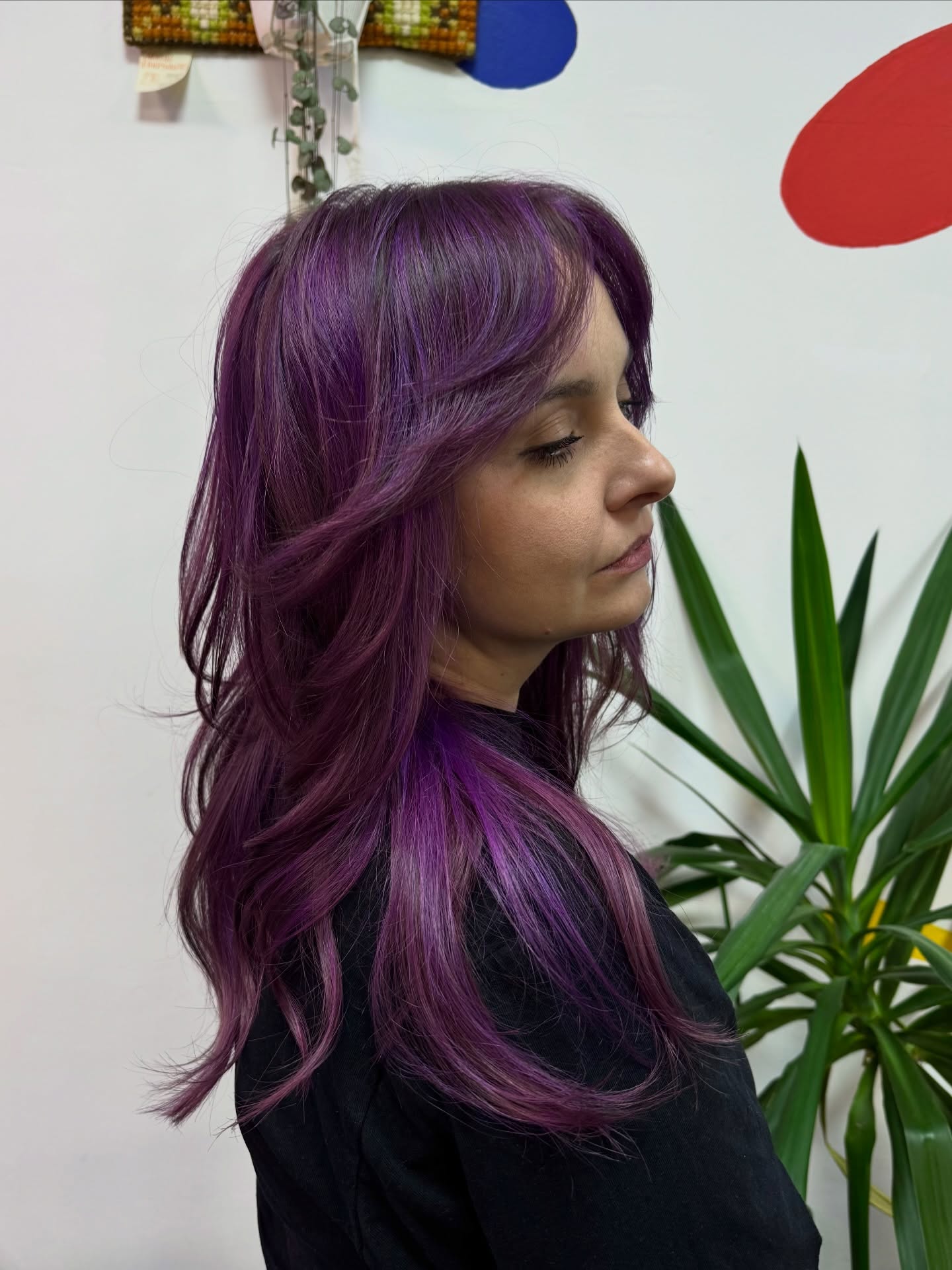 Vibrant Plum Balayage With Face-Framing Layers