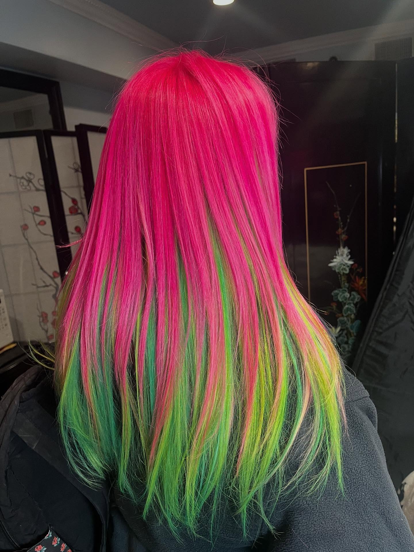 Vibrant Pink And Green Dip-Dye Streaks