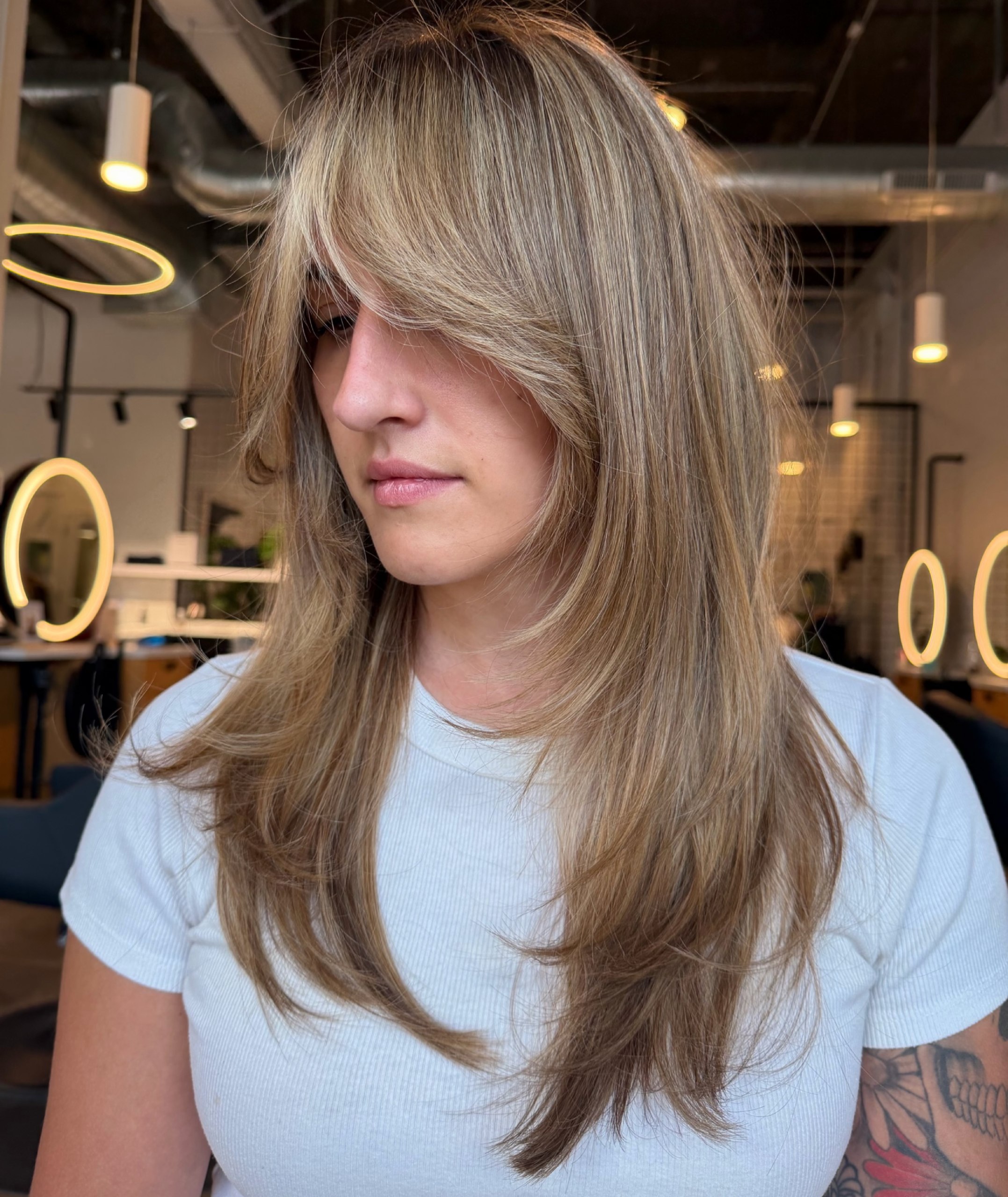 Layered Bronde Lob With Face-Framing Bangs
