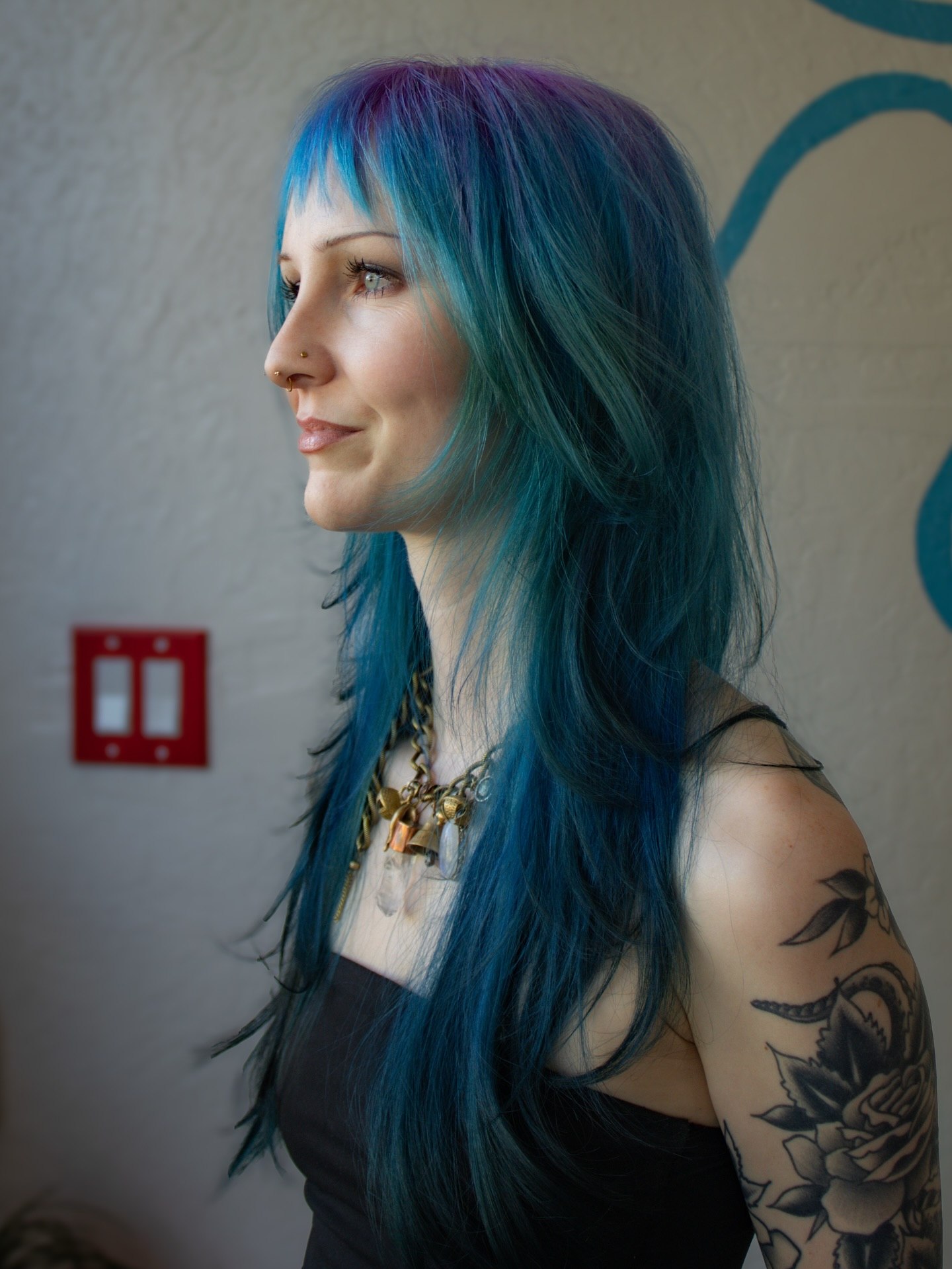 Icy Blue Teal Lob With Wispy Bangs