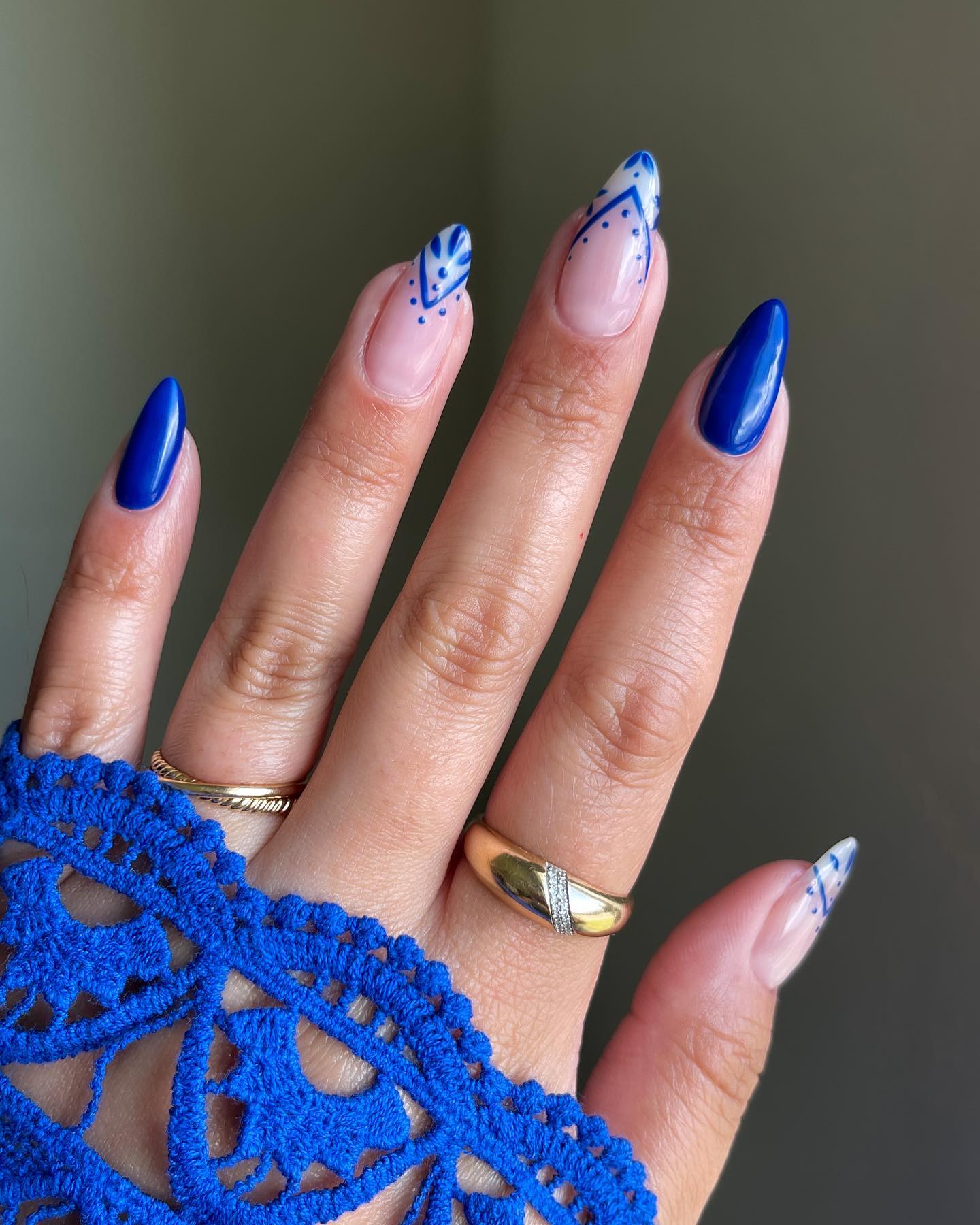 Glossy Royal Blue And Mediterranean Tile Art Almond Nails