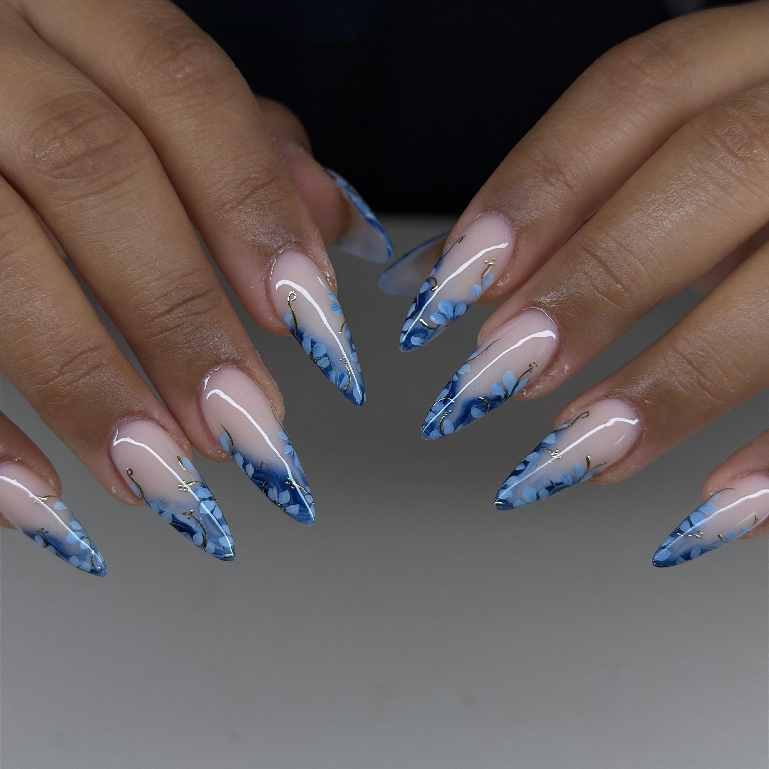 Floral Blue Ombre Stiletto Nails