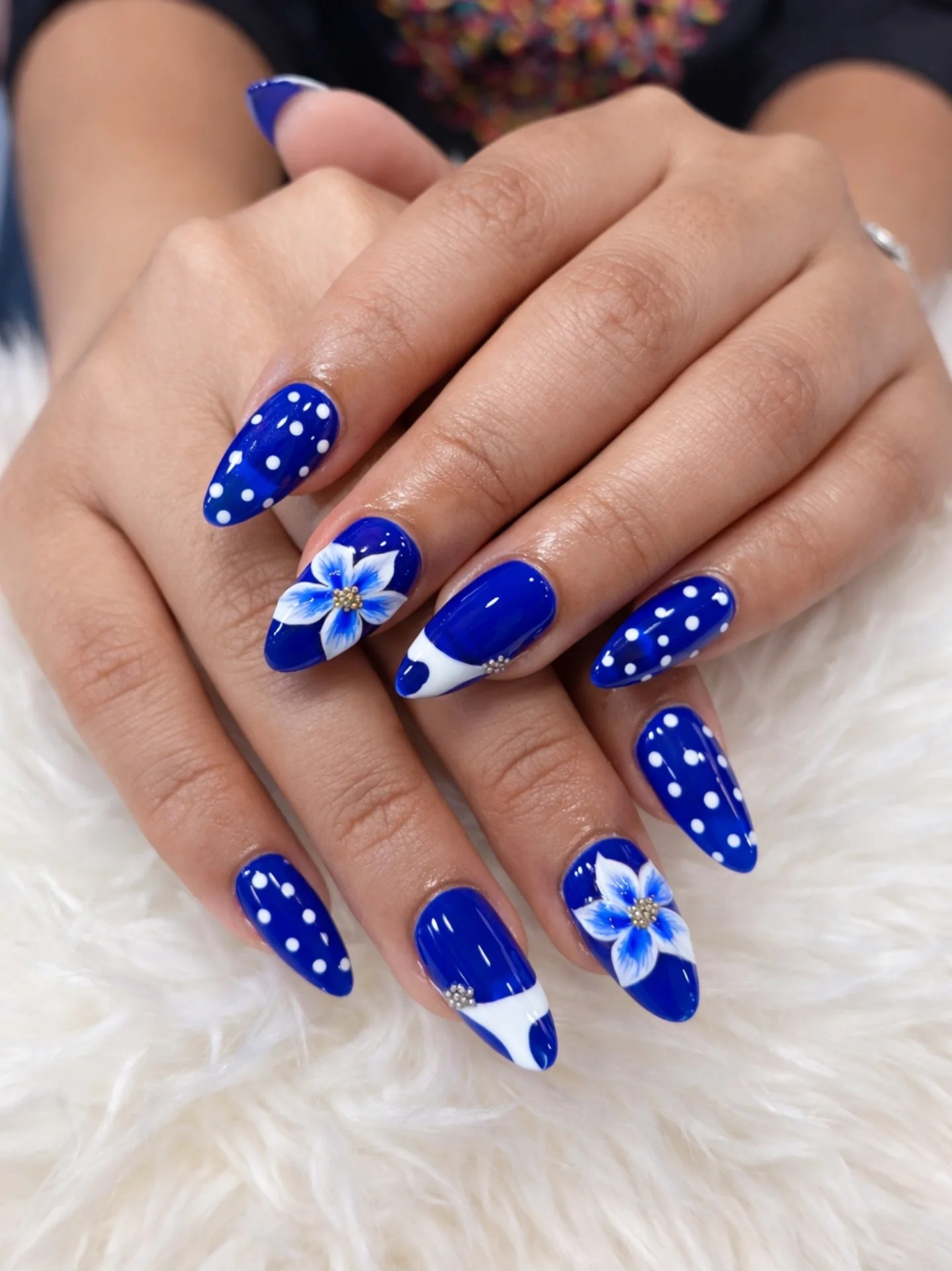 Glossy Royal Blue Floral Polka Dot Nails