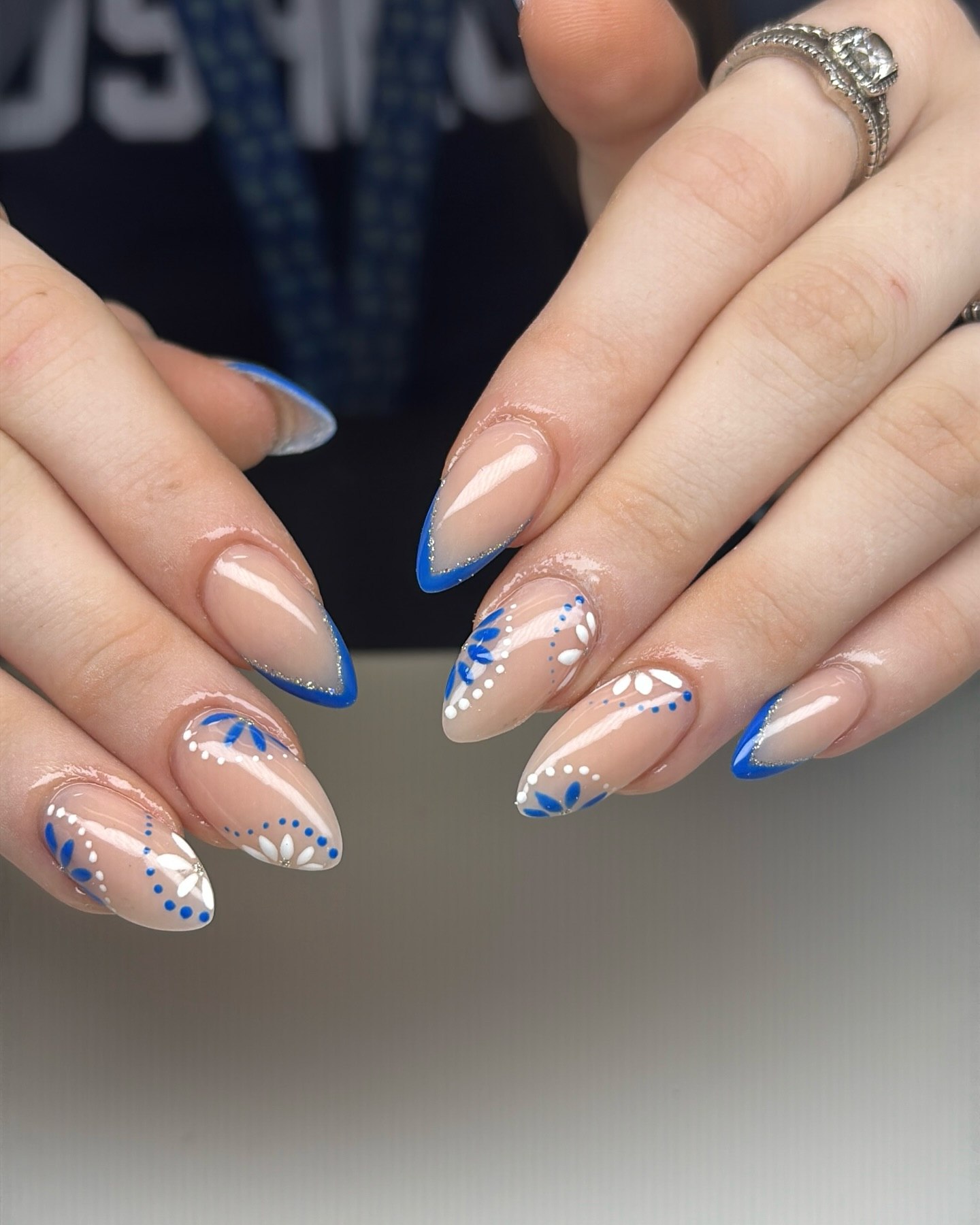 Floral French Tip Nails With Cobalt Accents