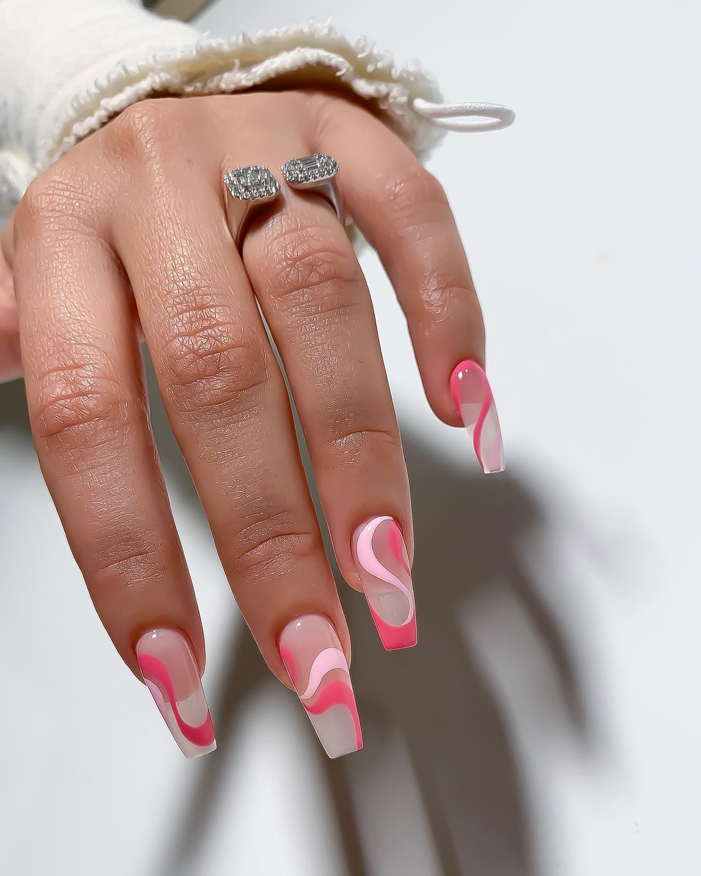 Vibrant Pink Abstract Swirl Coffin Nails
