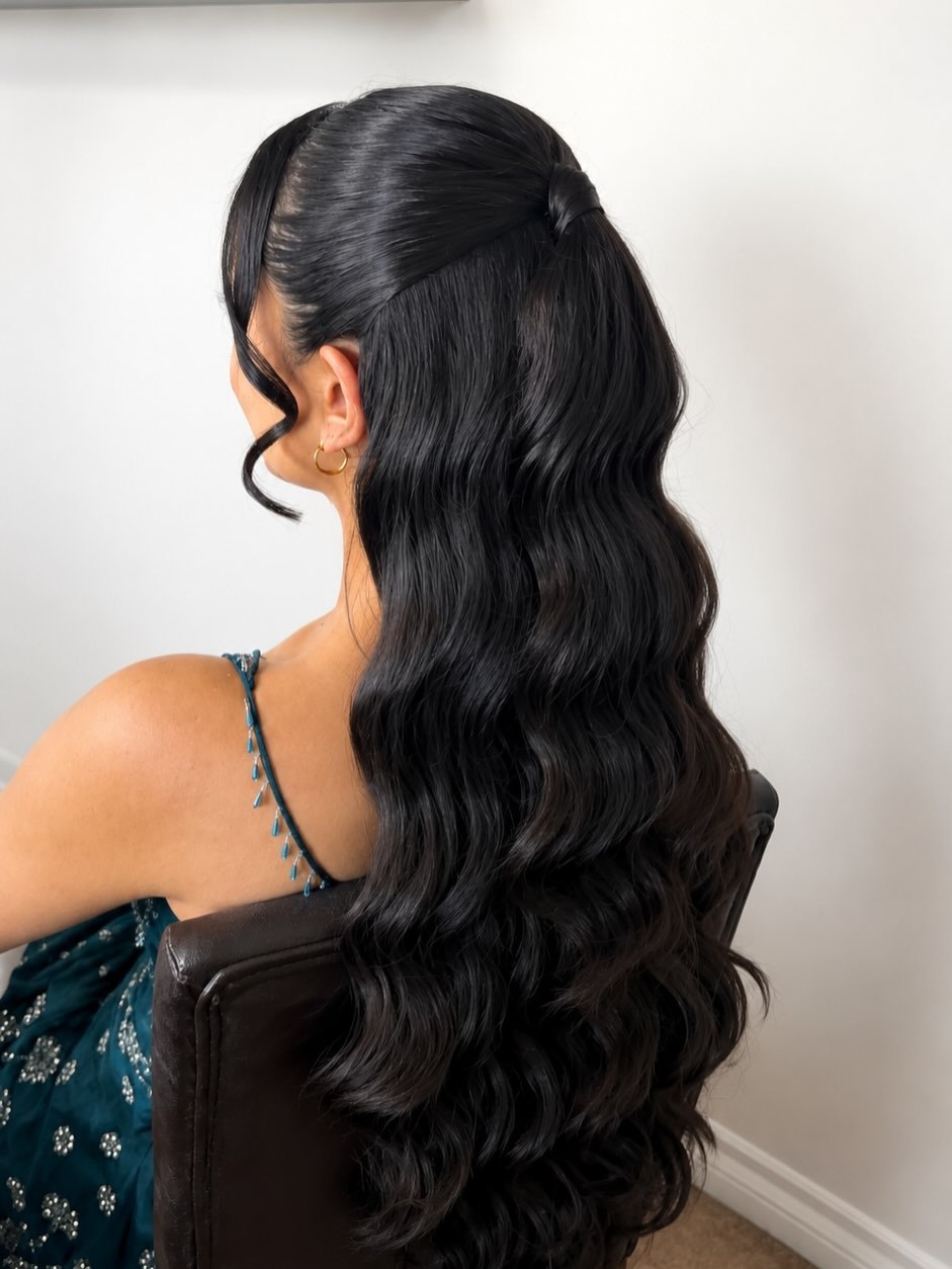 Half Up Wavy Style For Long Jet Black Hair