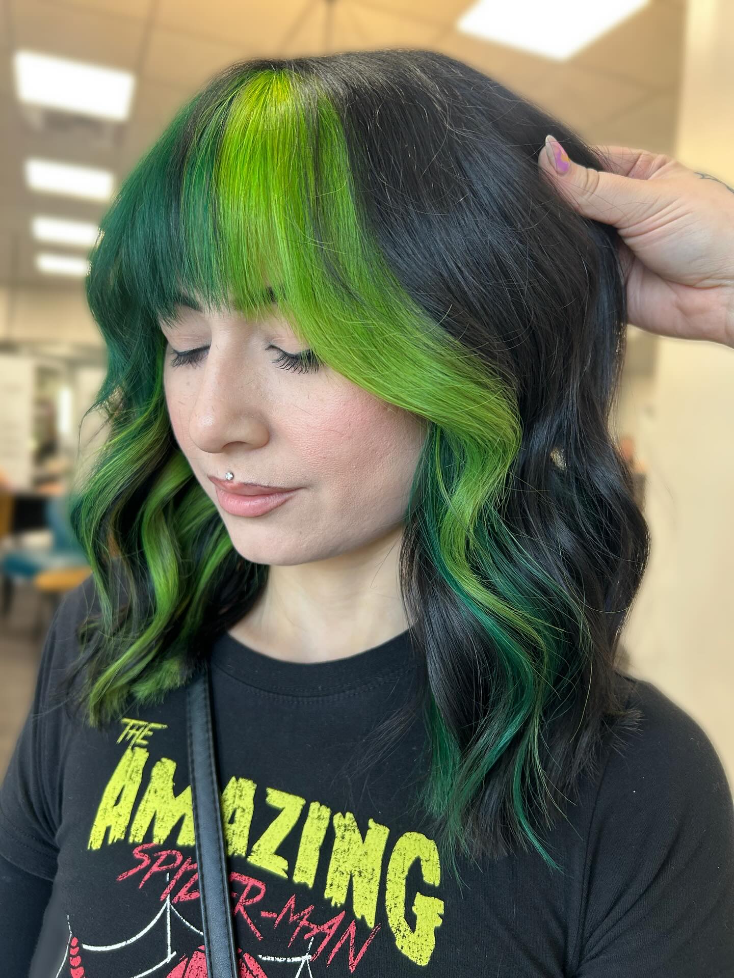 Neon Green Peekaboo Highlights On Jet Black Hair