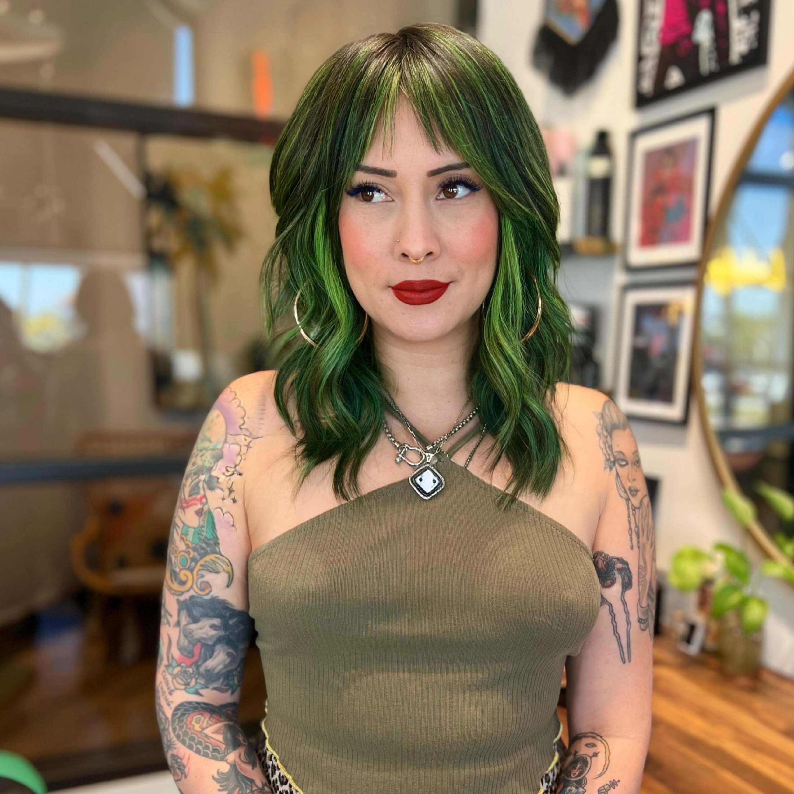 Textured Emerald Green Shag With Wispy Bangs