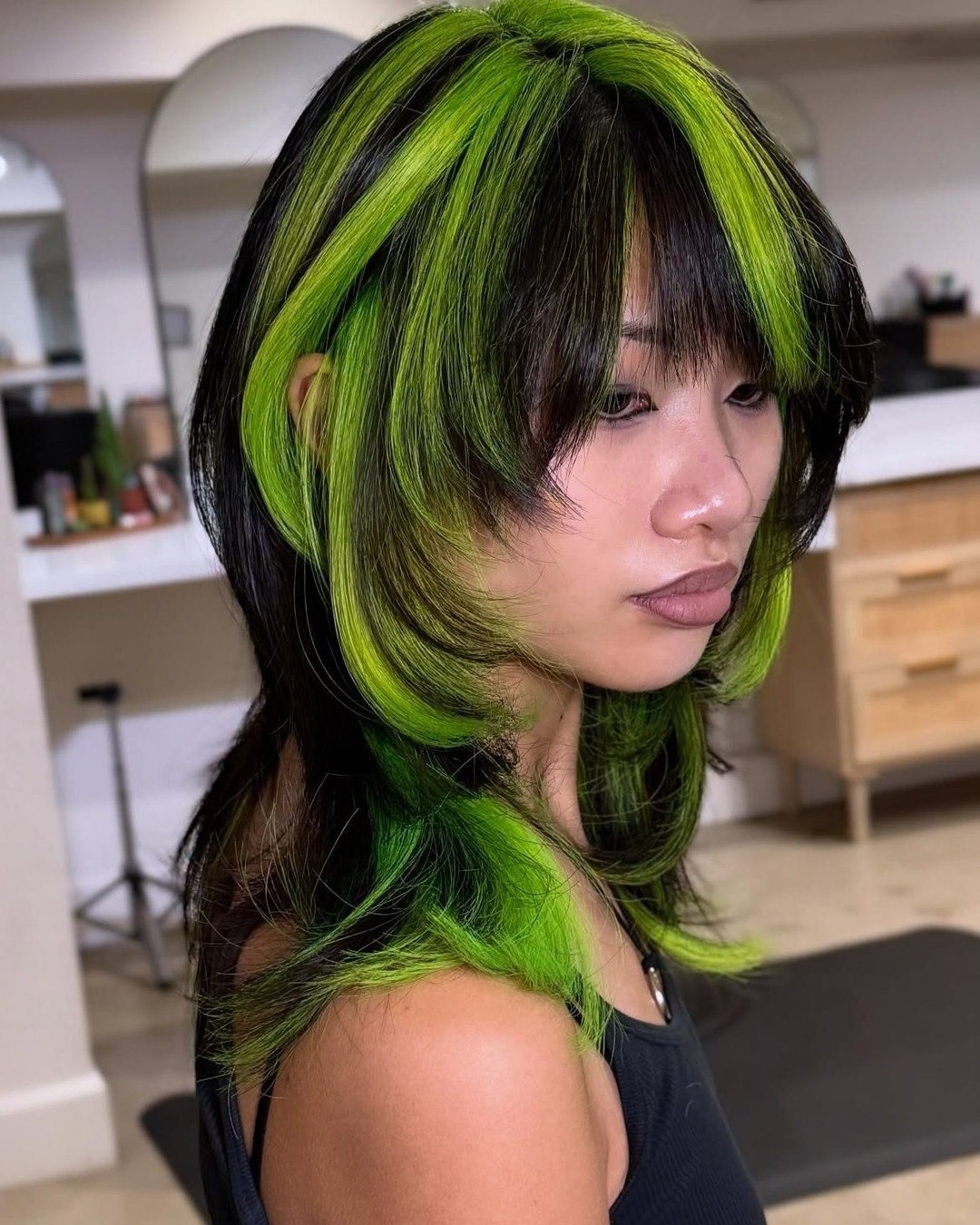 Electric Neon Green Highlights On Layered Shag