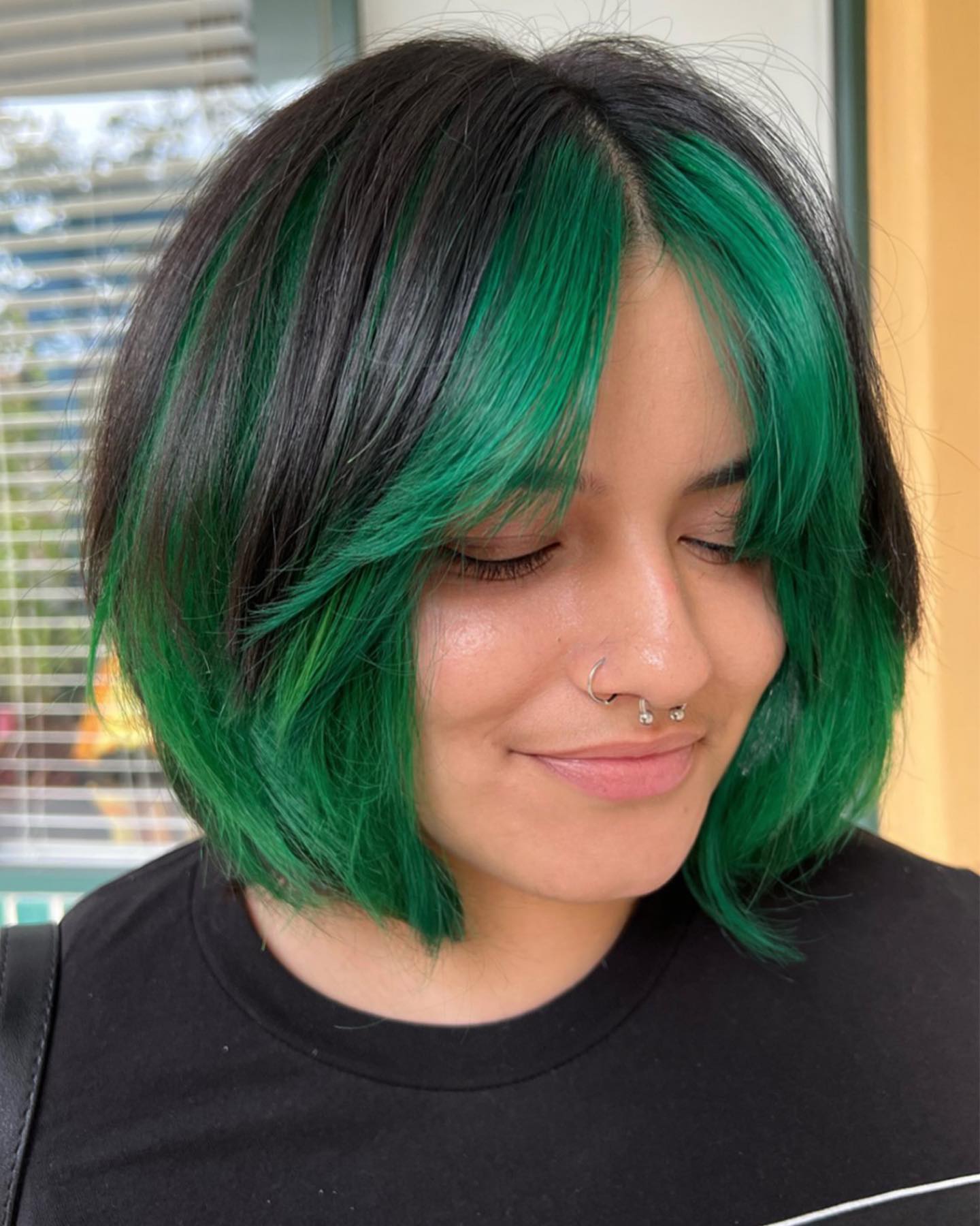 Emerald Green Money Piece On Jet Black Bob