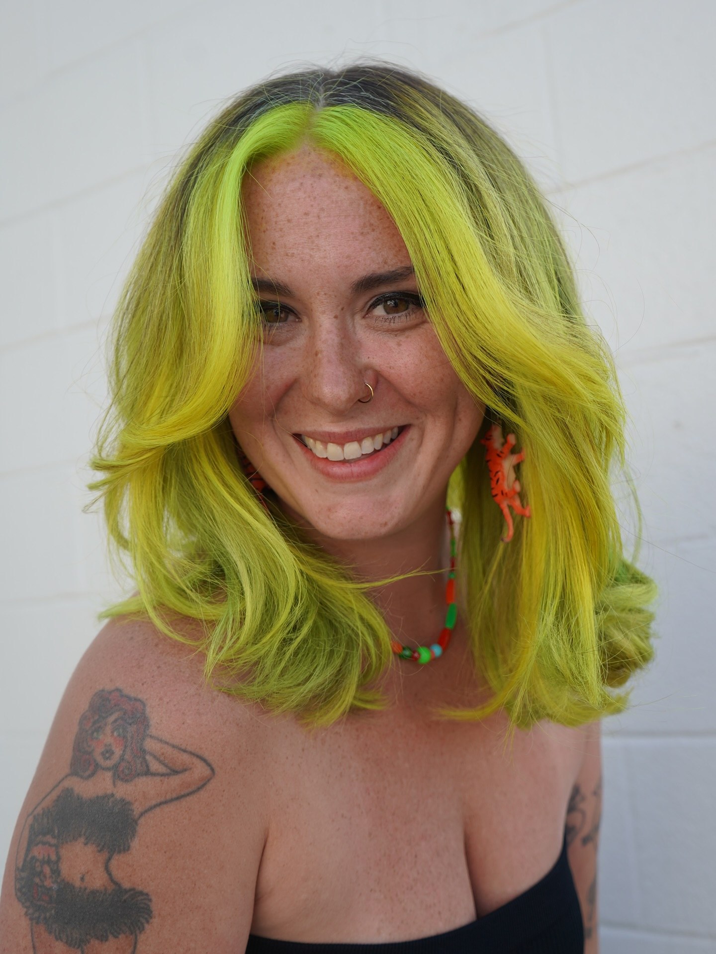 Neon Lime Green Layered Lob With Curtain Bangs