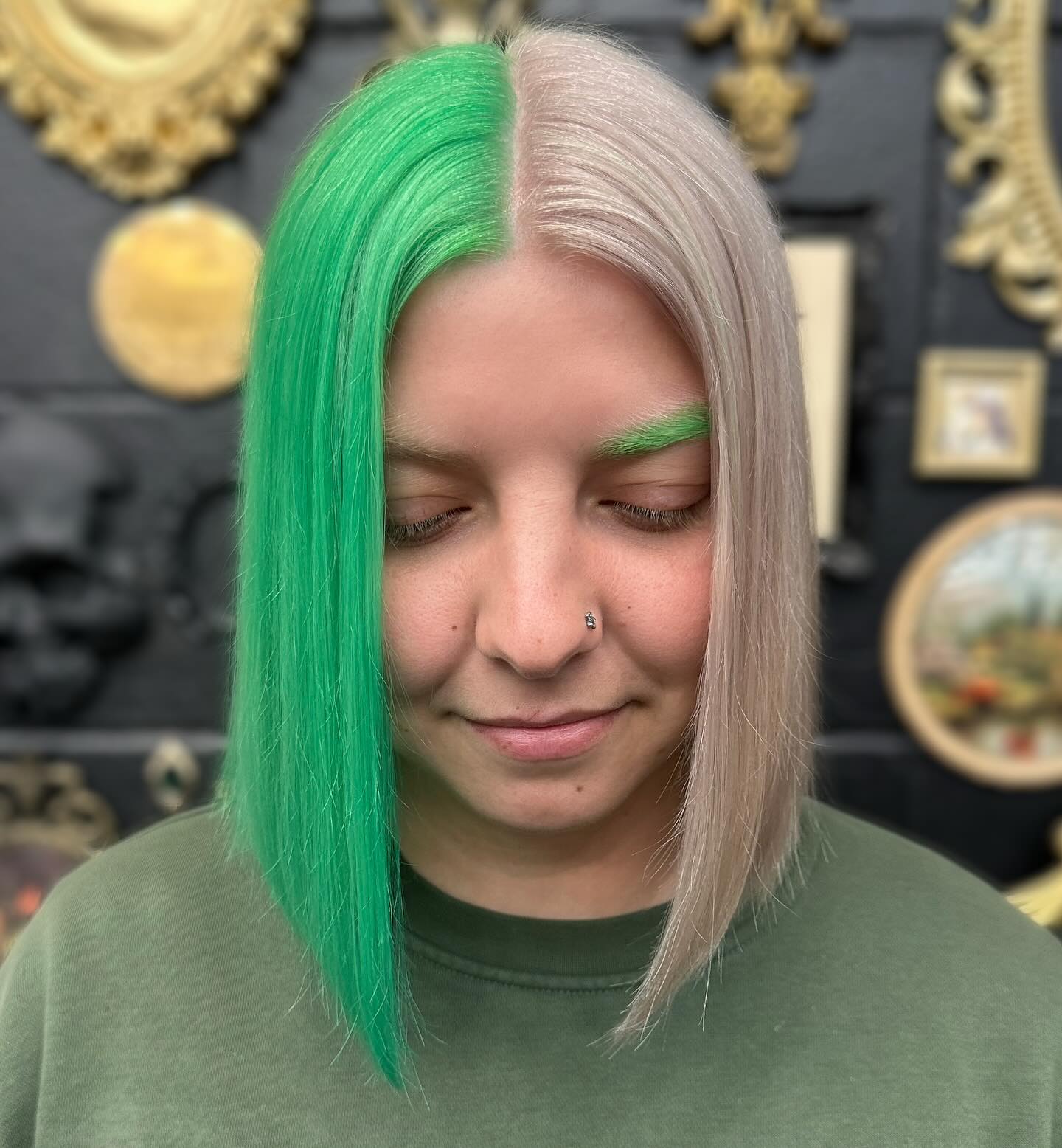 Split Dye Emerald Green And Platinum Bob