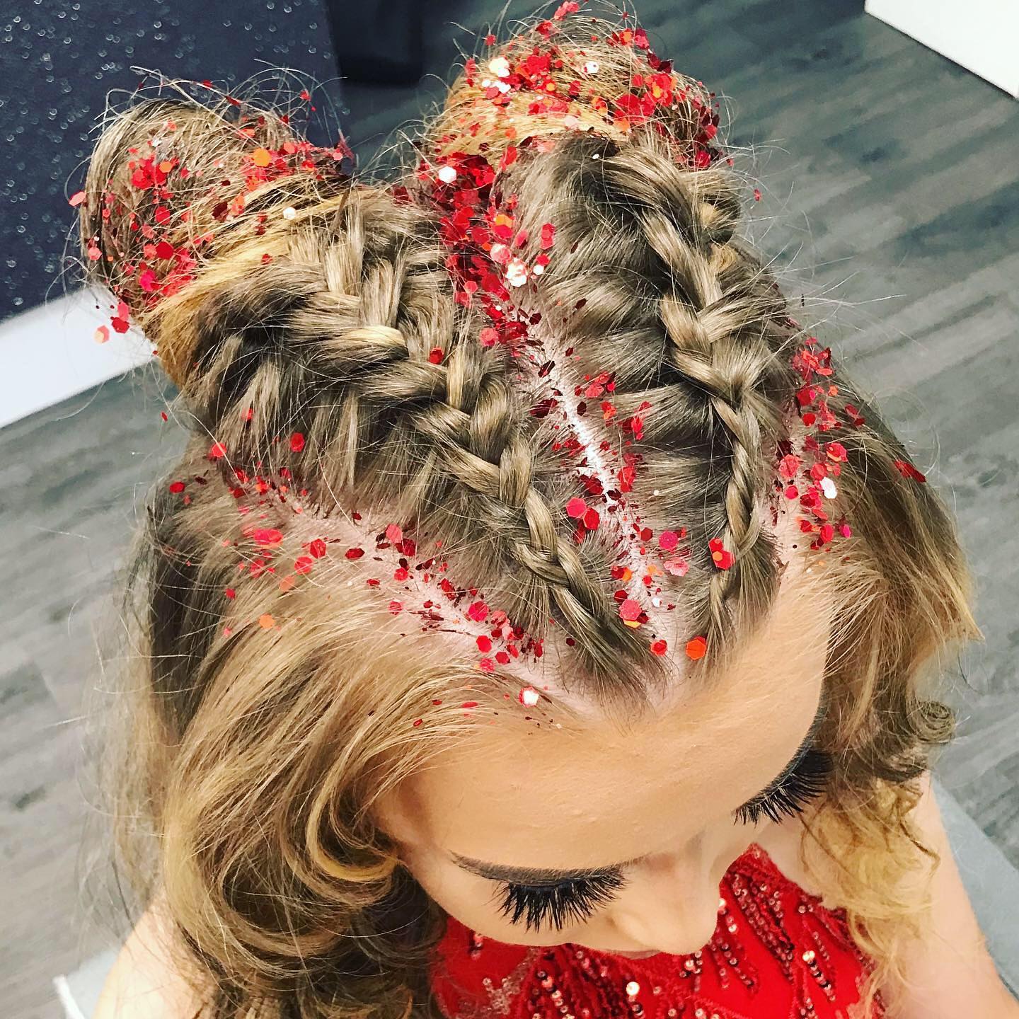 Double Braided Space Buns With Red Glitter