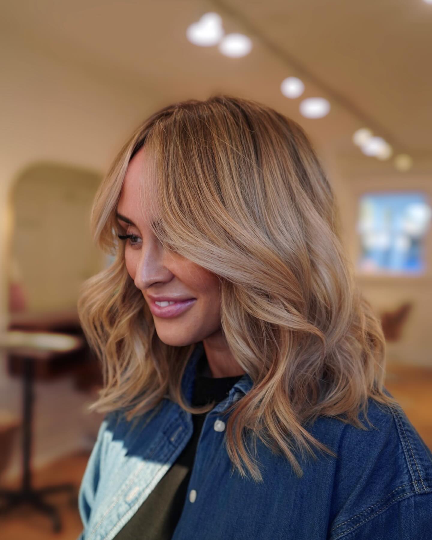 Soft Curtain Bangs On Honey Blonde Lob