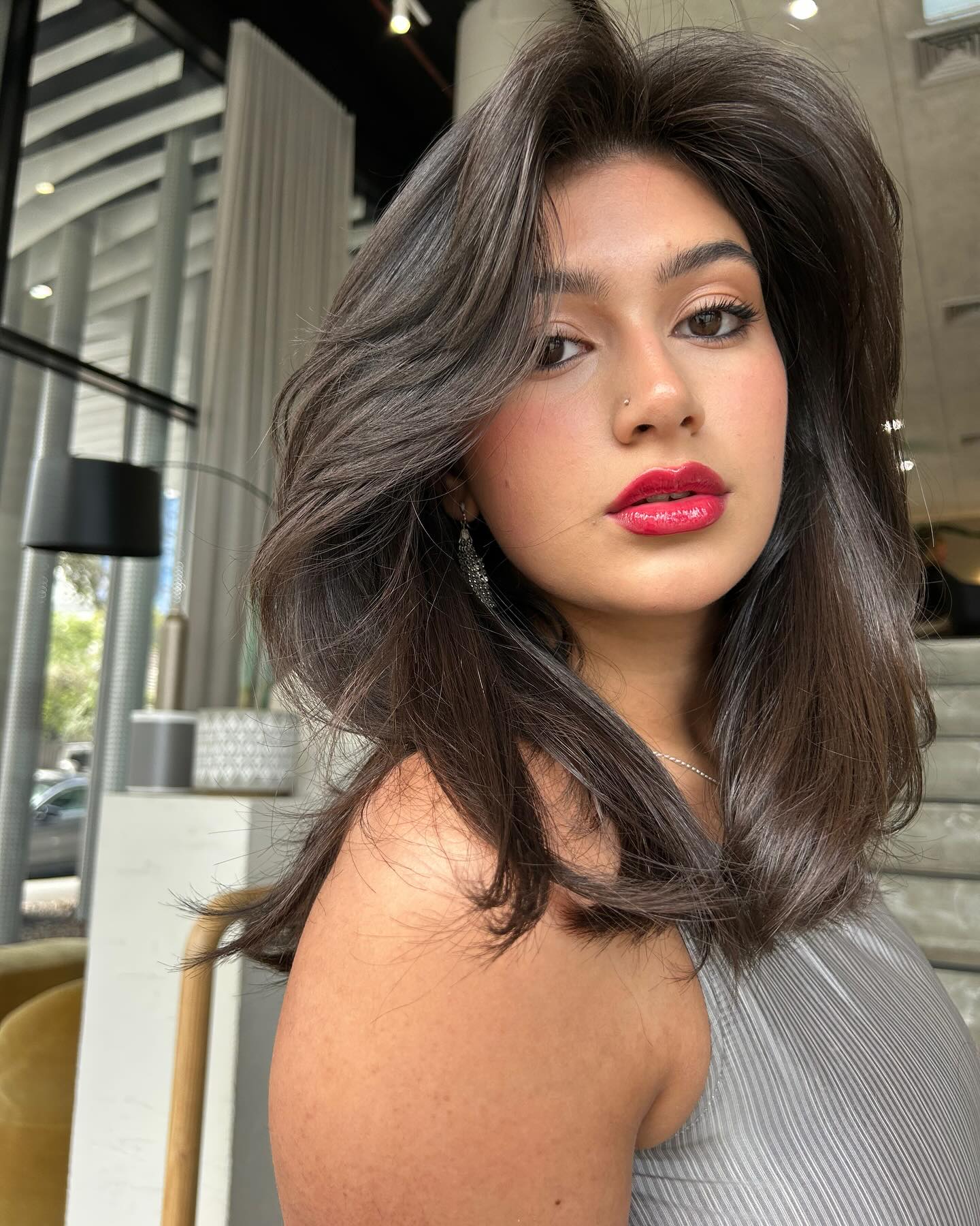 Voluminous Layered Blowout On Espresso Brown Mid Length Cut