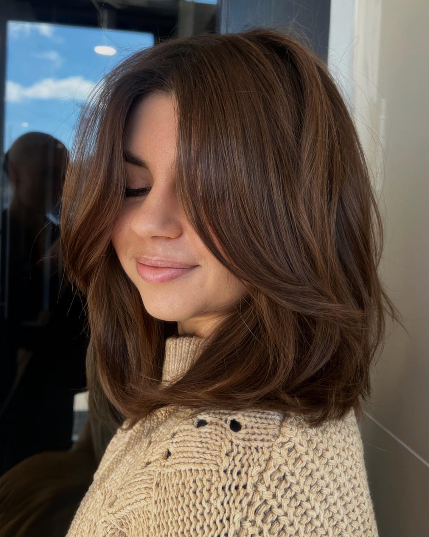 Soft Layered Brunette Lob With Curtain Bangs