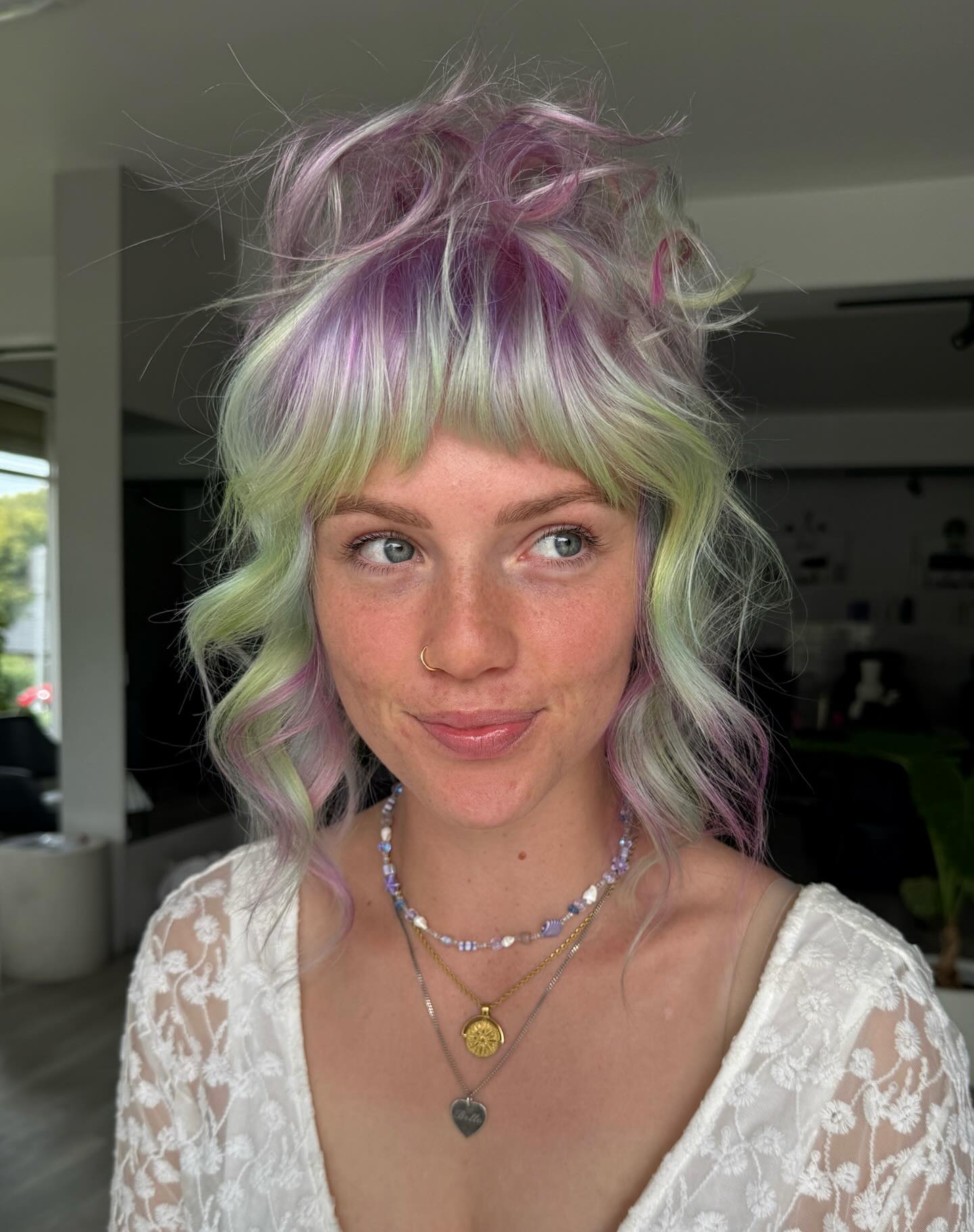 Pastel Purple Green Wavy Lob With Wispy Bangs