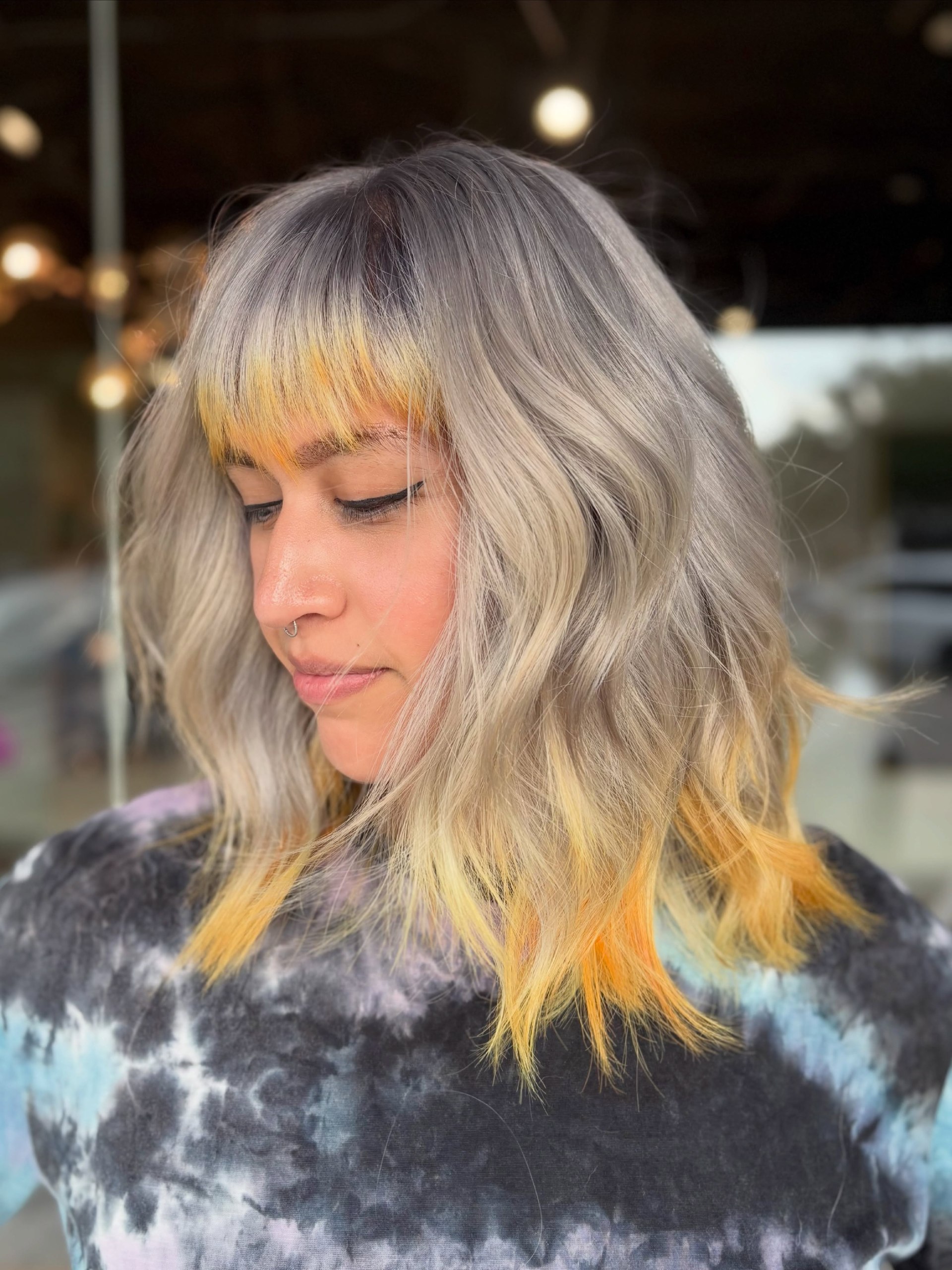 Edgy Ash Blonde Lob With Fiery Orange Tips