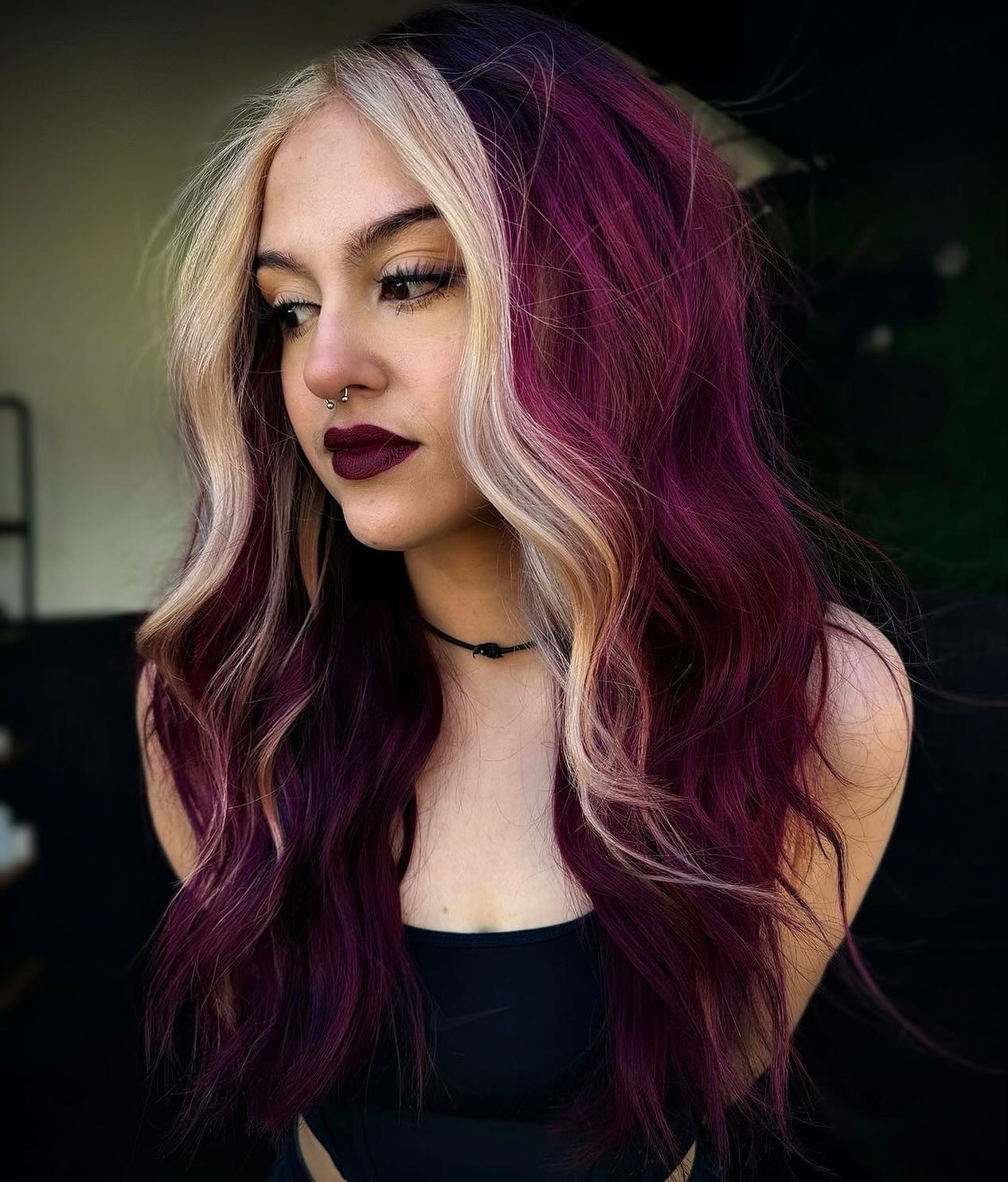 Plum Streaks With Blonde Money Piece Waves