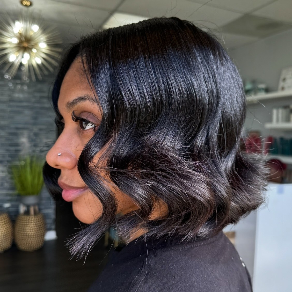 Glossy Black Bob With Soft Hollywood Waves