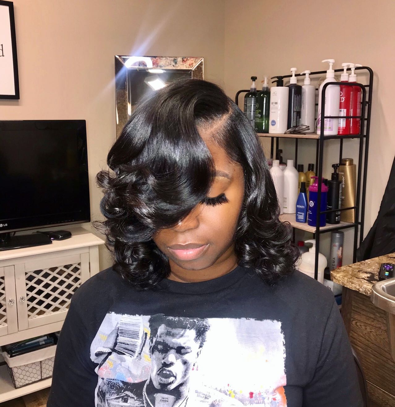 Glossy Black Silk Press With Voluminous Hollywood Curls
