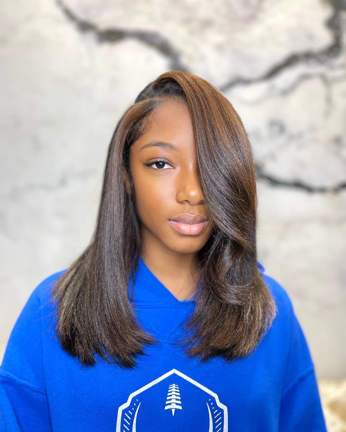 Deep Side Part Silk Press With Face Framing Layers